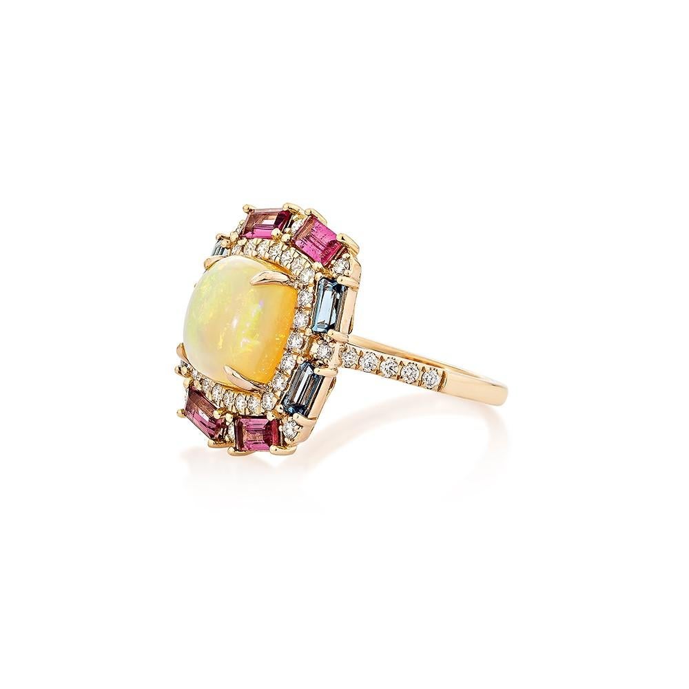 Cushion Cut 3.27 Carat Opal Fancy Ring in 18KRG with Multi Gemstone & Diamond.   For Sale