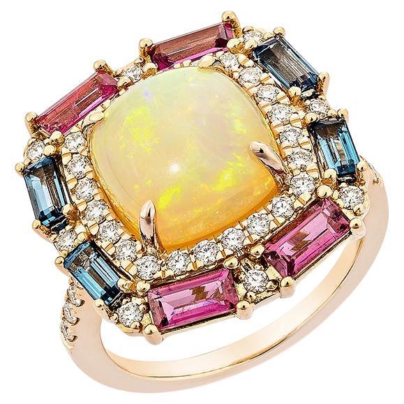 3.27 Carat Opal Fancy Ring in 18KRG with Multi Gemstone & Diamond.   For Sale