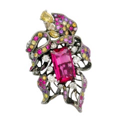 3.27 Carat Rubellite Tourmaline Diamond Sapphire 18K Gold Floral Ring