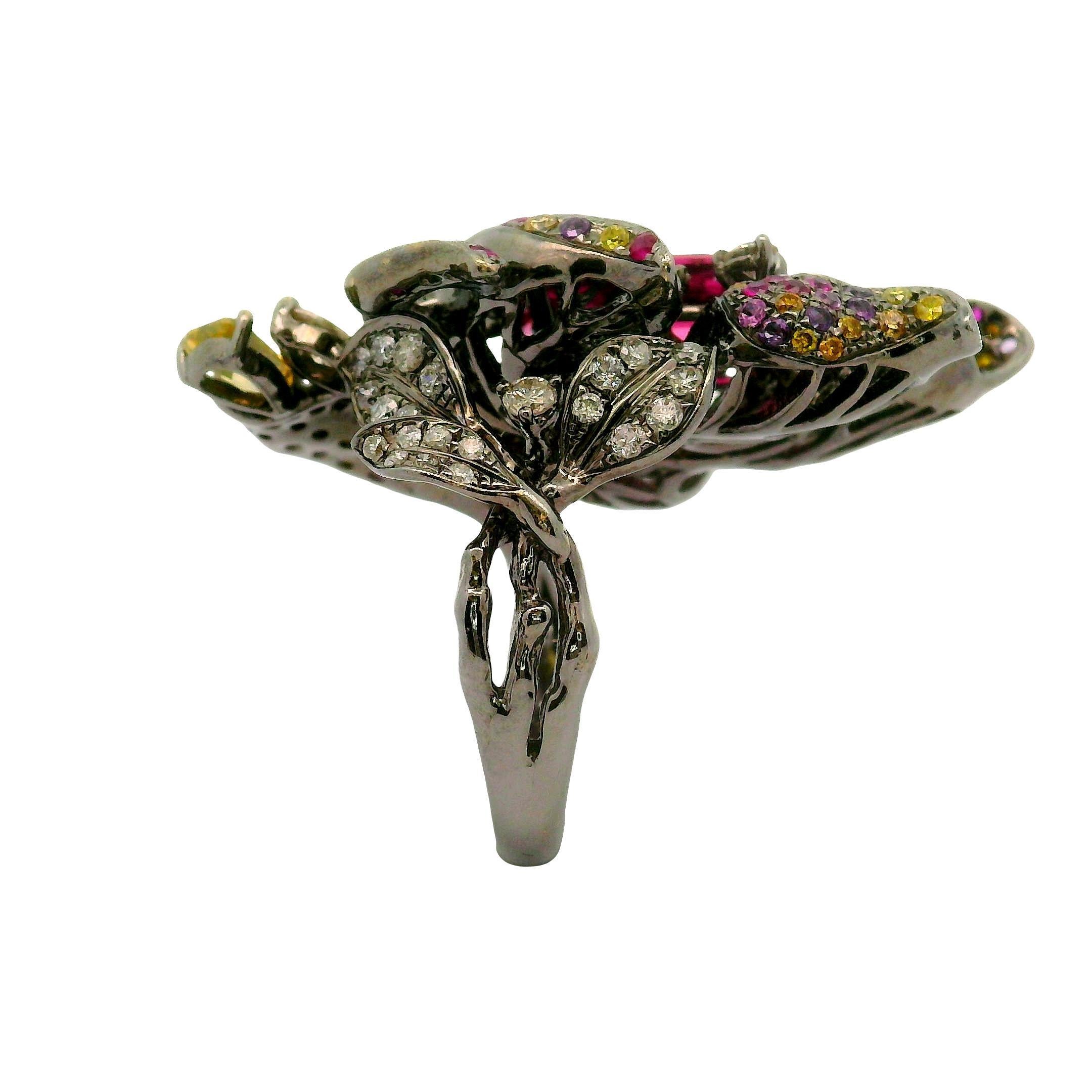 3,27 Karat Rubellit Turmalin Diamant Saphir 18K Gold Floral Ring Damen im Angebot