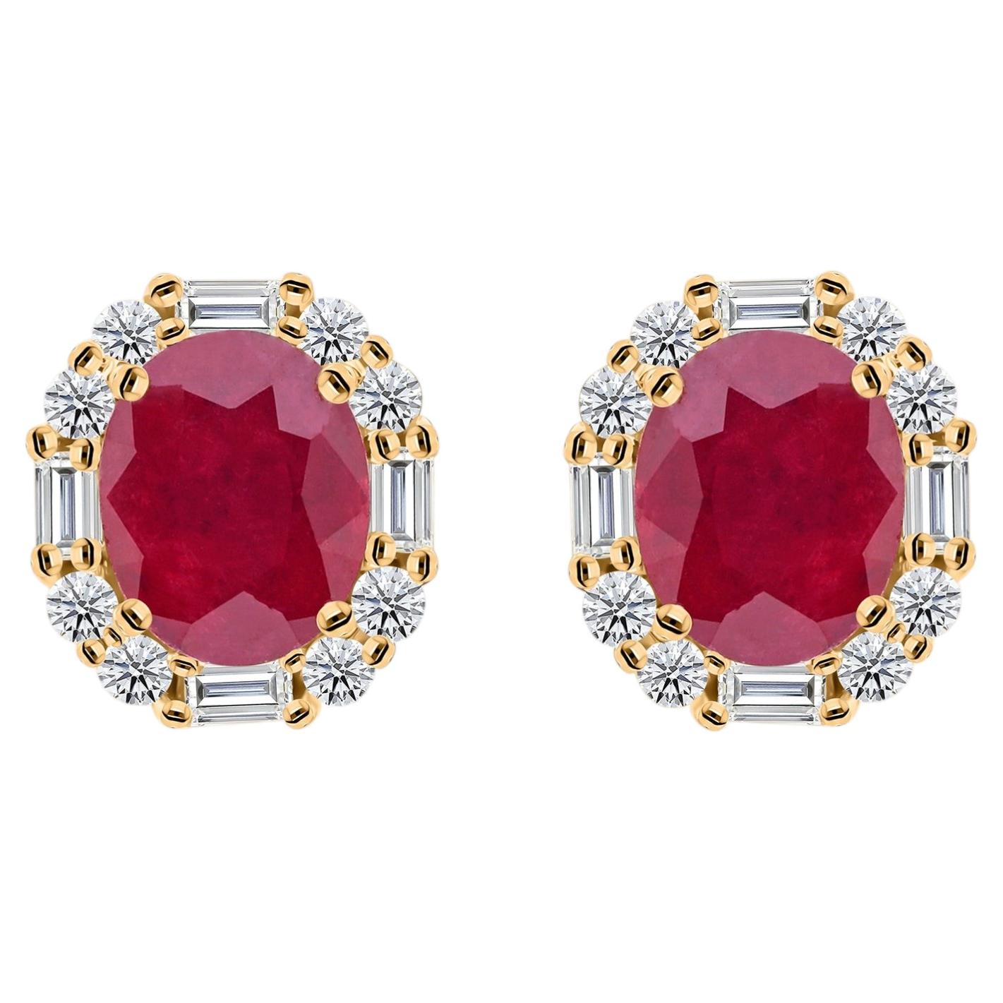 3.27 Carat Ruby Gemstone 0.76 Carat SI/H Diamond Earrings 14 Karat Yellow Gold