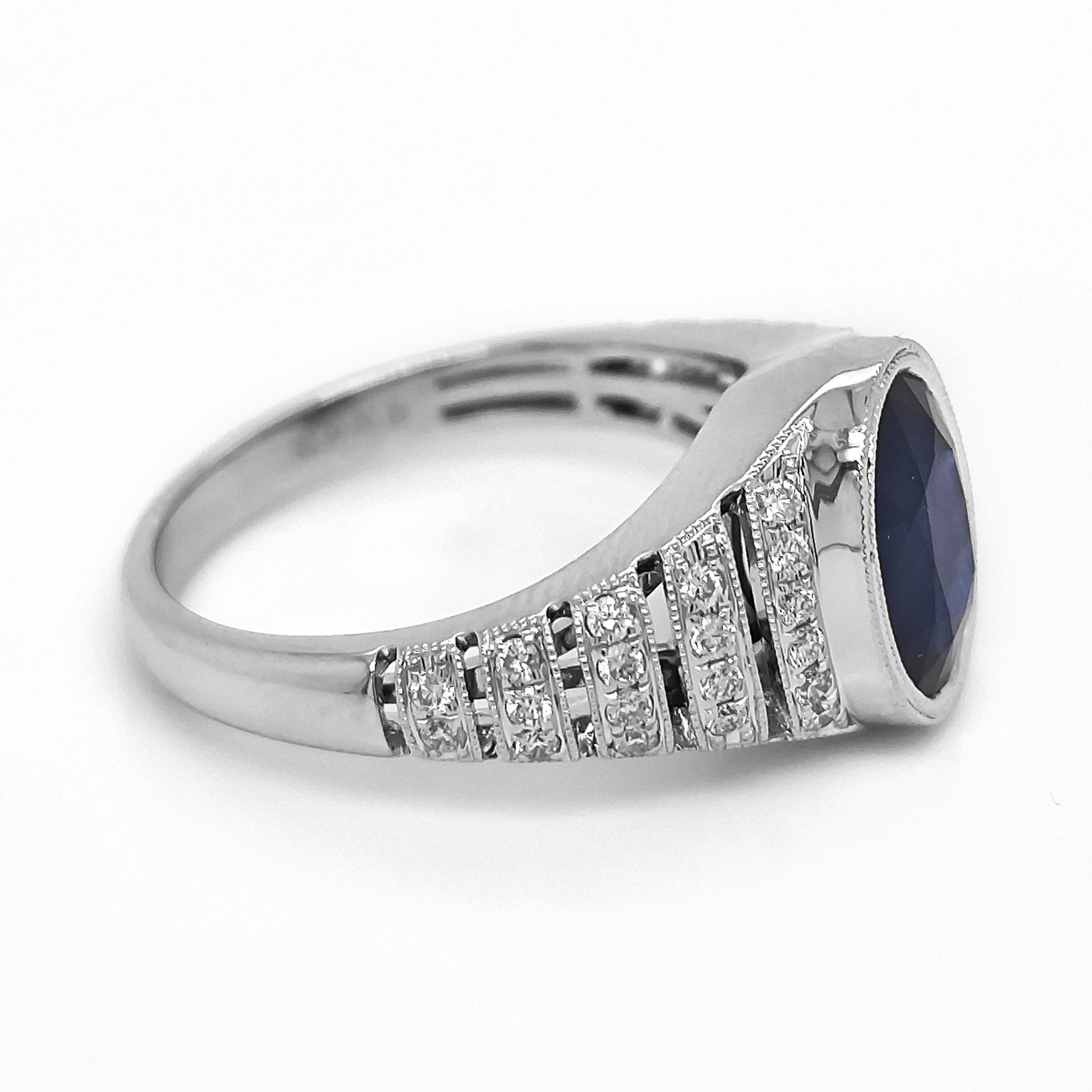 1 Sapphire Gemstone: 2.99 Carats
38 White Round Diamonds: 0.28 Carats
Metal: 18K White Gold, 5.00 Grams
