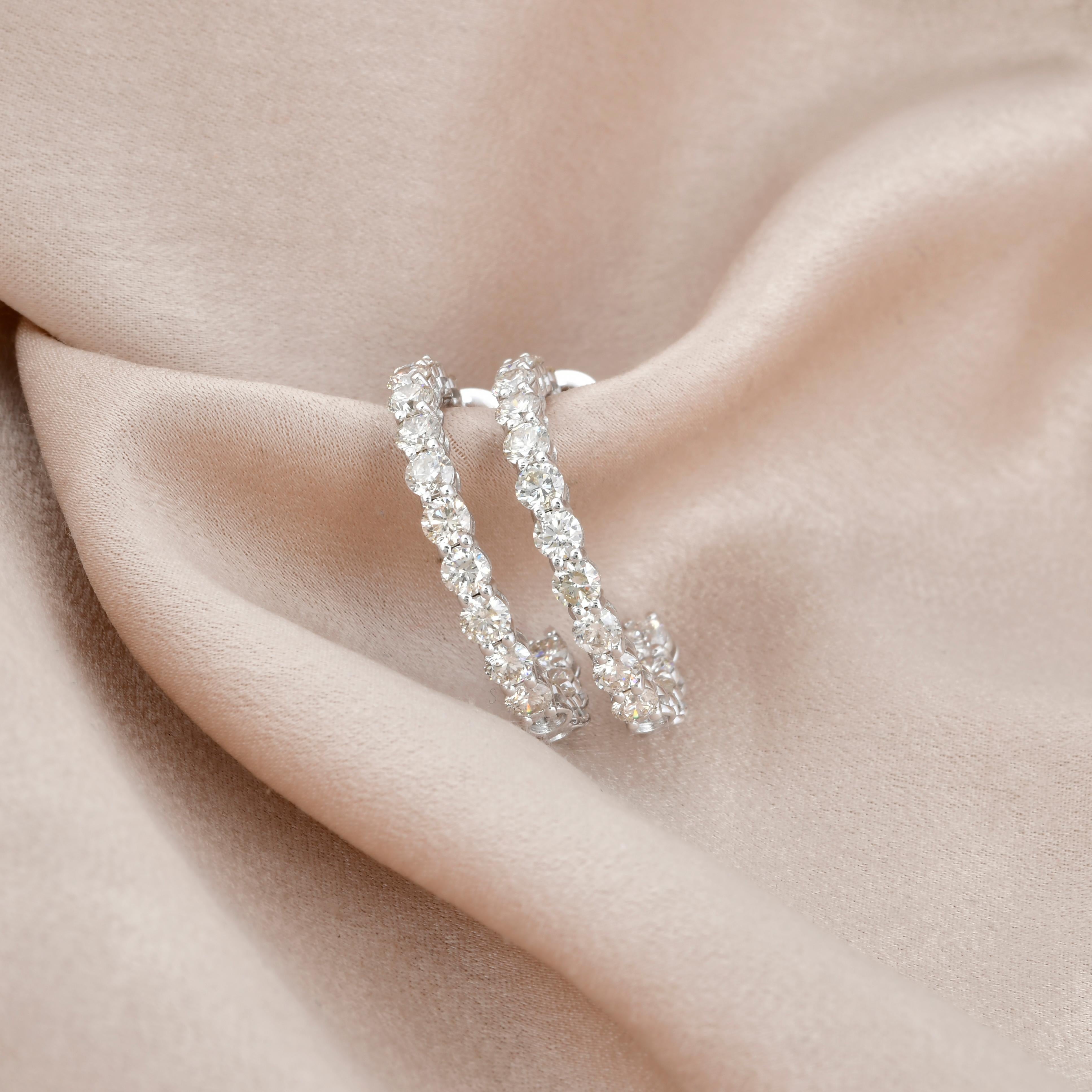 Women's 3.27 Carat SI Clarity HI Color Diamond Hoop Earrings 14 Karat White Gold Jewelry For Sale
