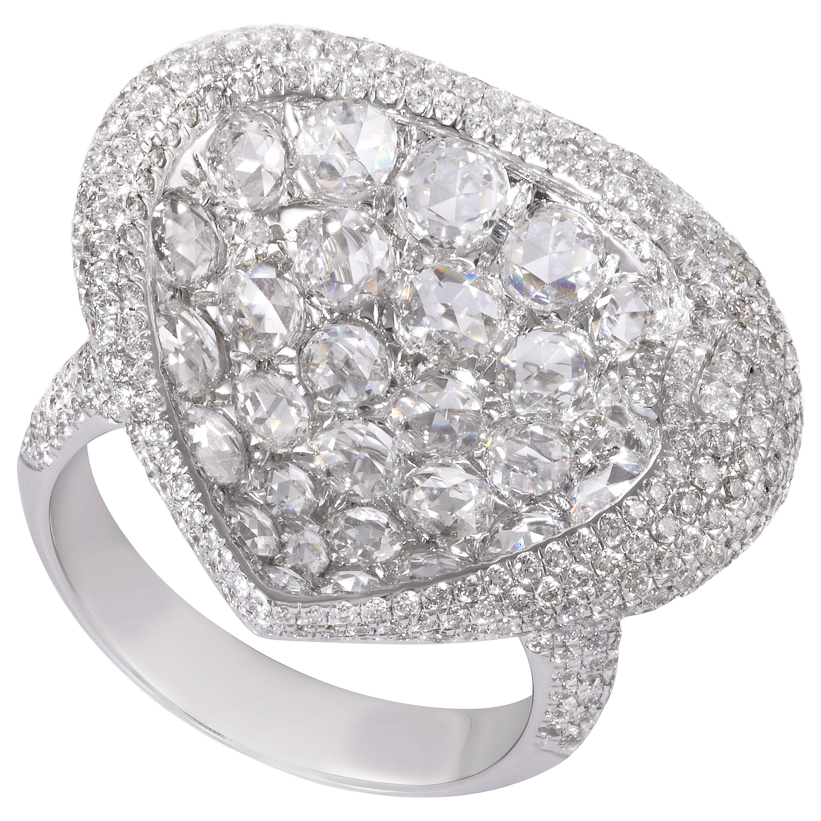 Rarever 18K White Gold 3.27ct Rose Cut Diamonds Cocktail Ring  For Sale