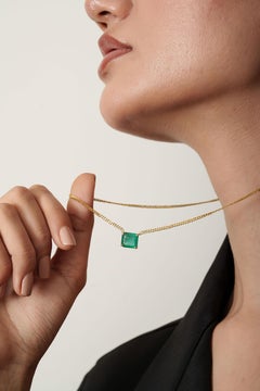 3.27 Ct Square Cut Emerald Solitaire Necklace with 14K Yellow Gold Curb Chain
