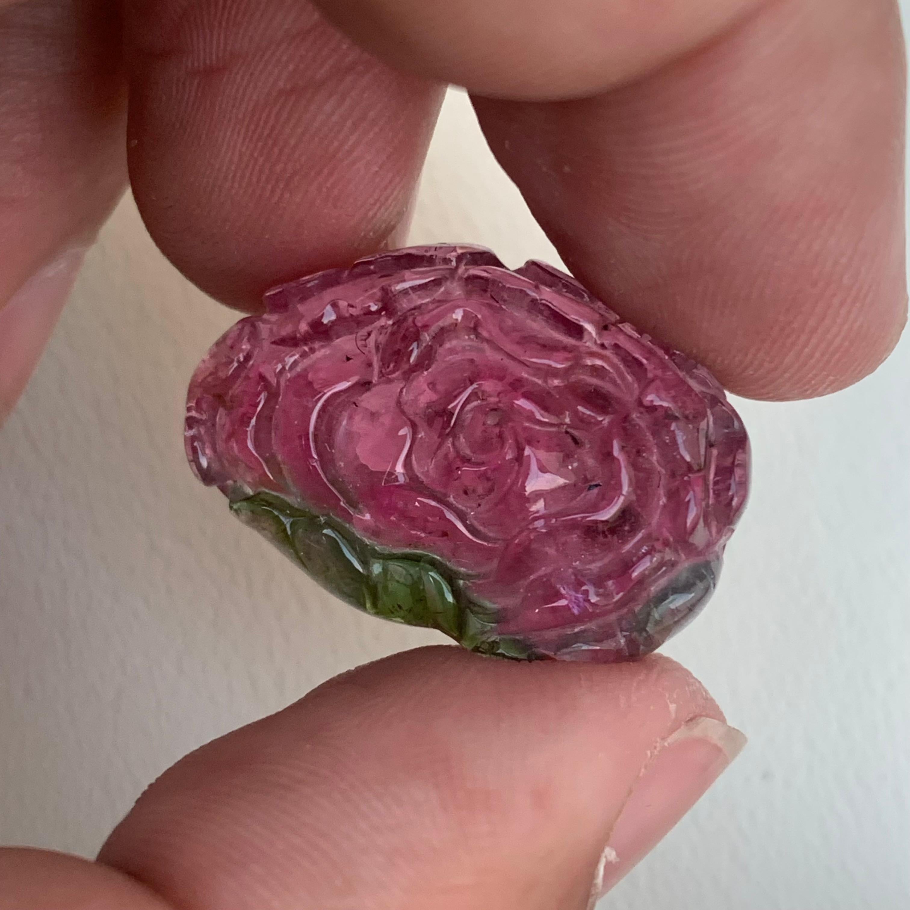 Women's or Men's 32.75 Carat Natural Watermelon Tourmaline Flower Carving for Jewelry Making For Sale