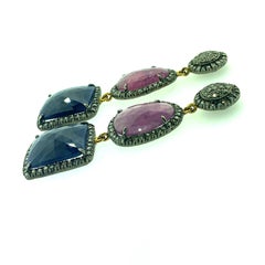 32.75 Carat Sapphire Earring with Diamond in Oxidized Sterling Silver, 14K Gold