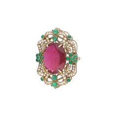 32.78 carats Tourmaline Emerald Diamond 18 Karat Gold Vintage Style Brooch