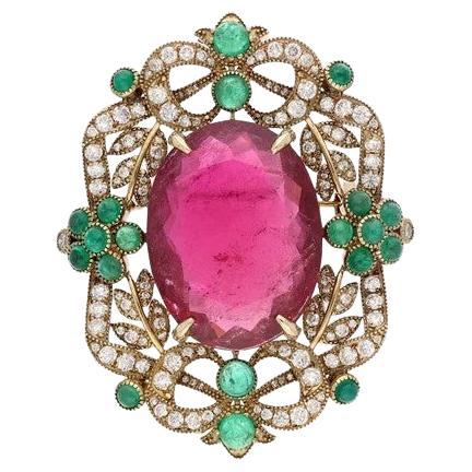 32.78 carats Tourmaline Emerald Diamond 18 Karat Gold Vintage Style Brooch