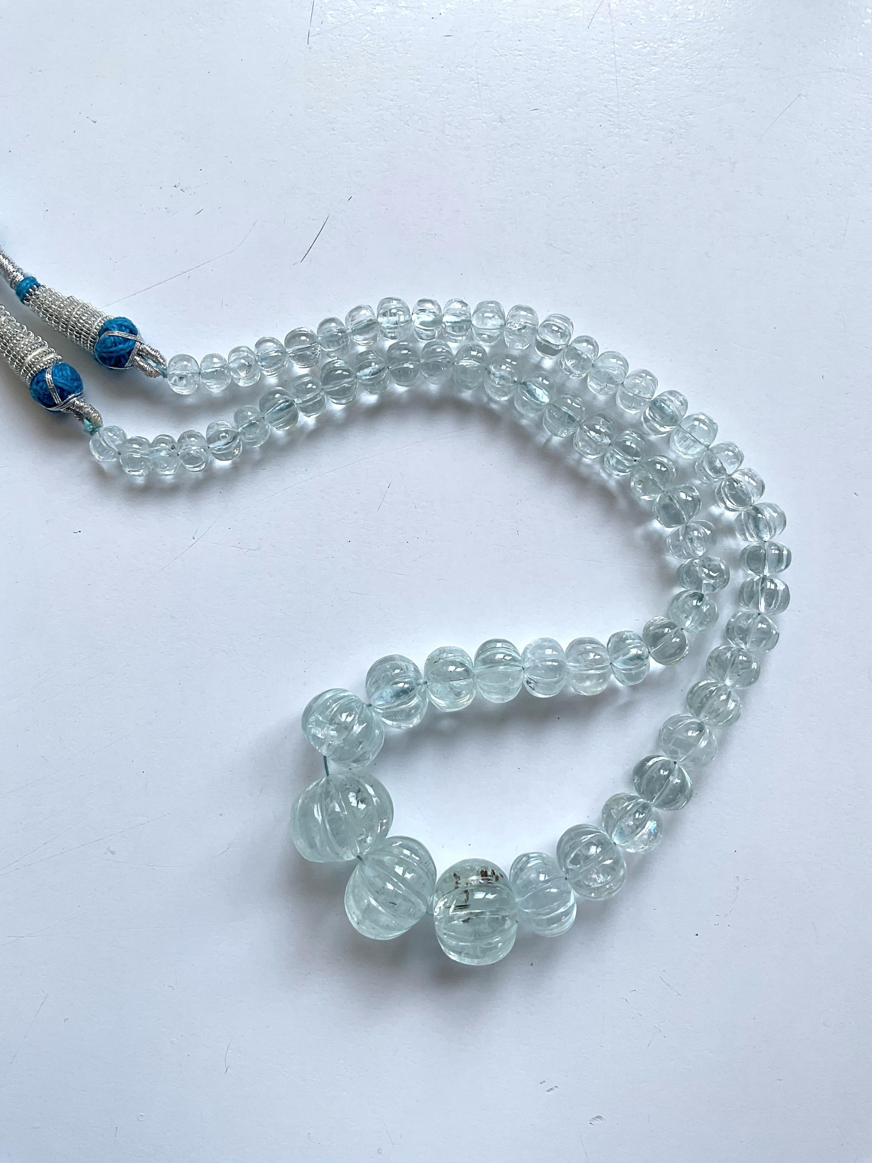 Art Deco 327.80 Carats Aquamarine Carved Melon Beads Necklace Natural Gemstone For Sale