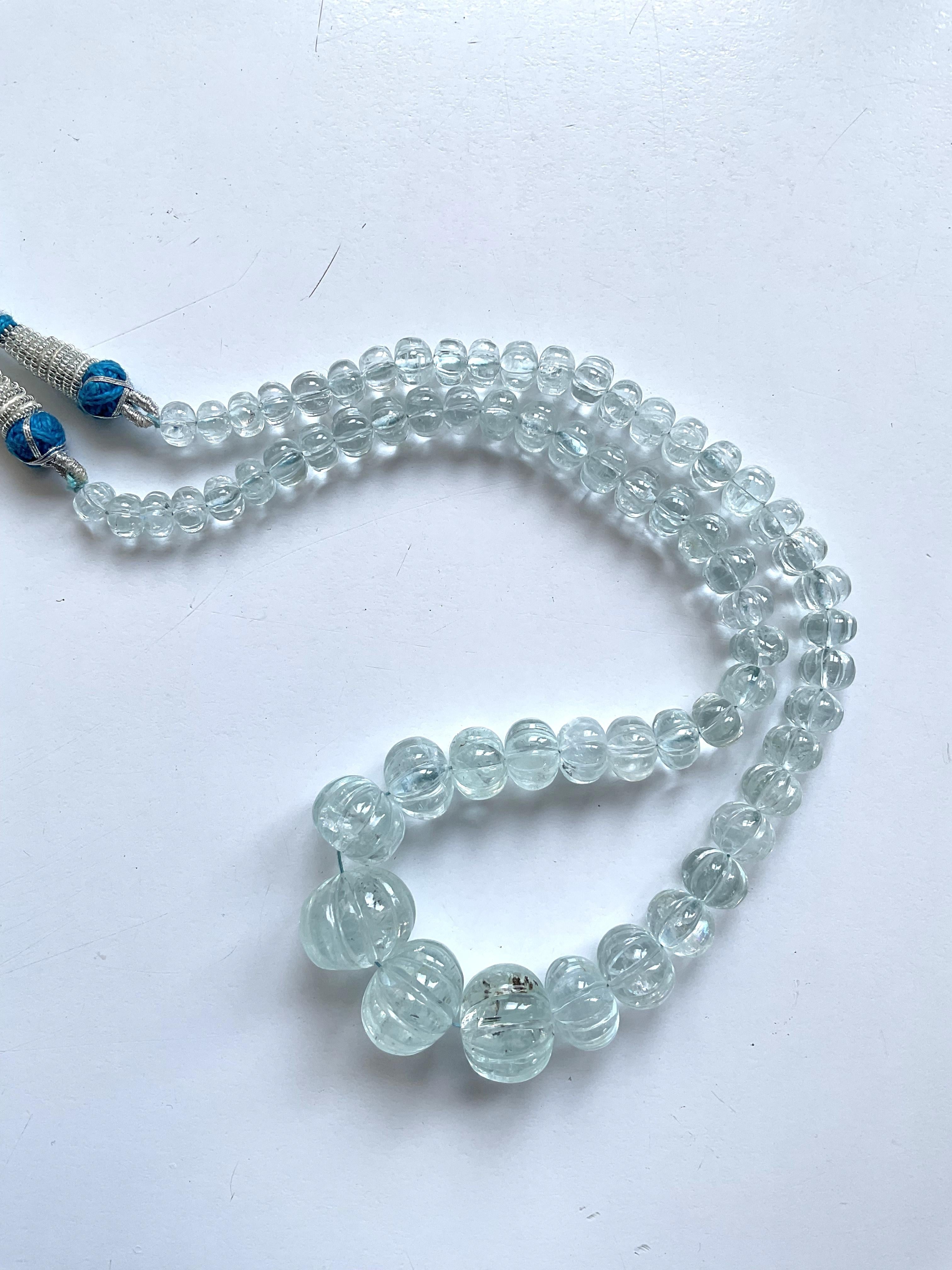 Women's or Men's 327.80 Carats Aquamarine Carved Melon Beads Necklace Natural Gemstone For Sale