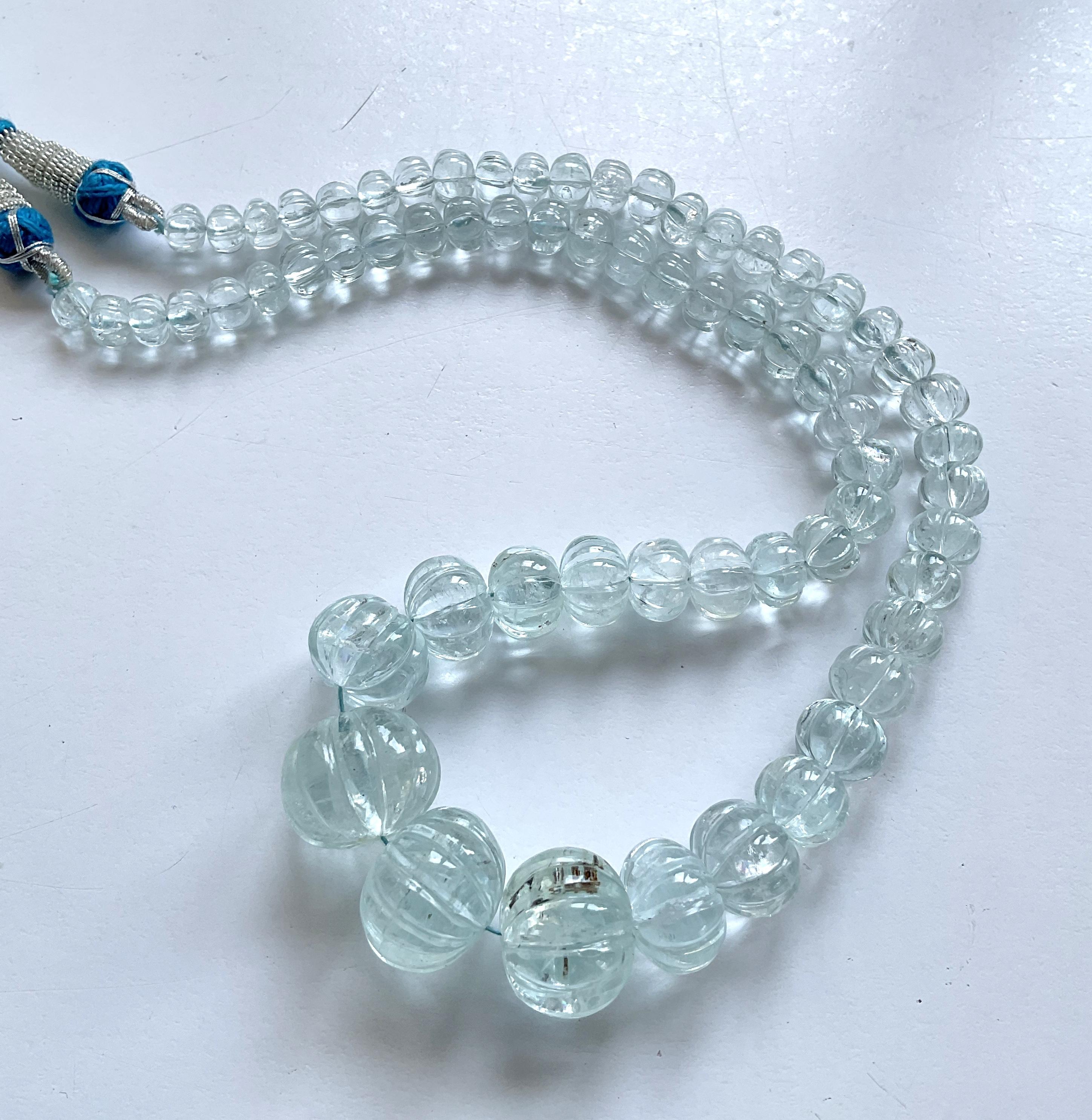 327.80 Carats Aquamarine Carved Melon Beads Necklace Natural Gemstone For Sale 1