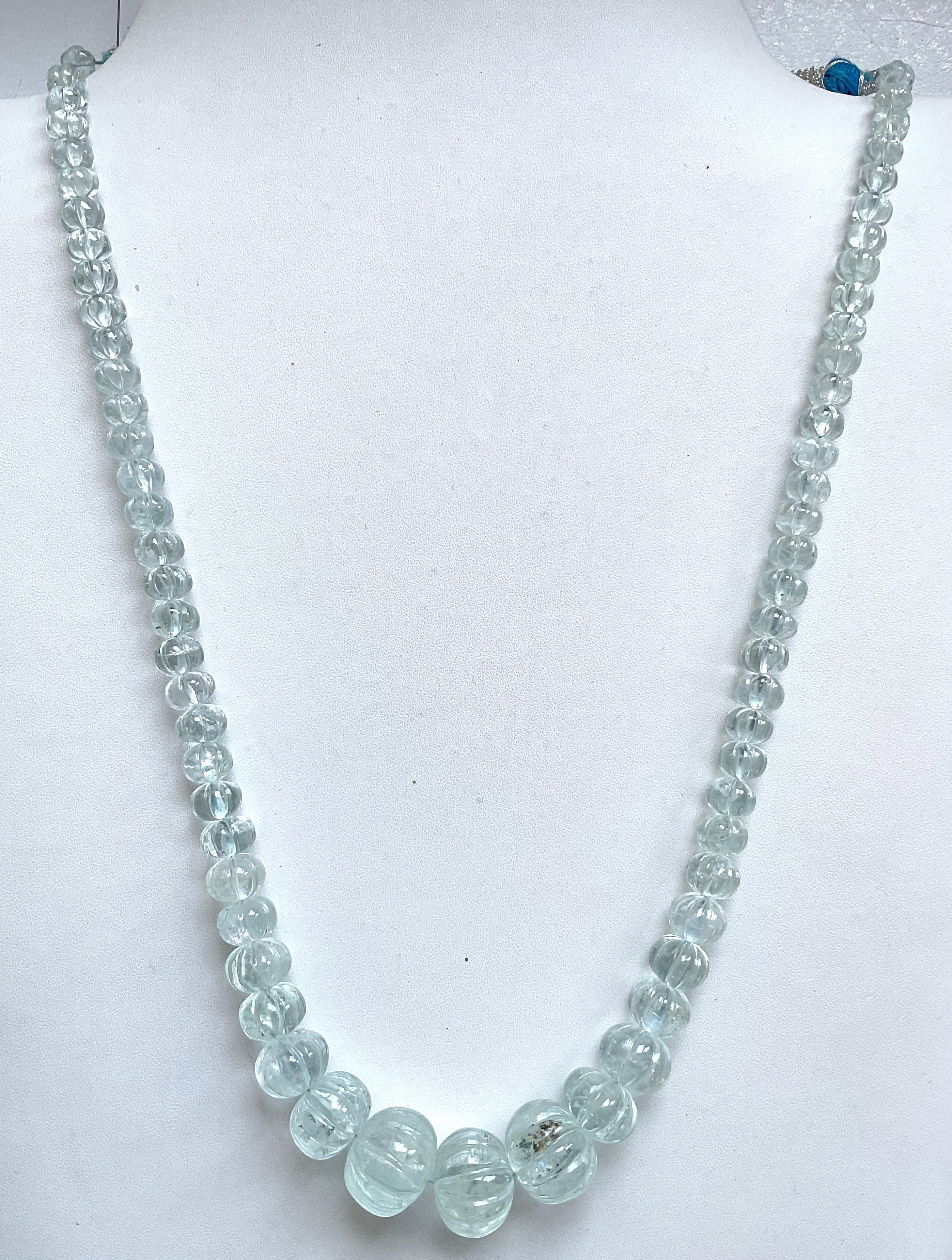 327.80 Carats Aquamarine Carved Melon Beads Necklace Natural Gemstone For Sale 2