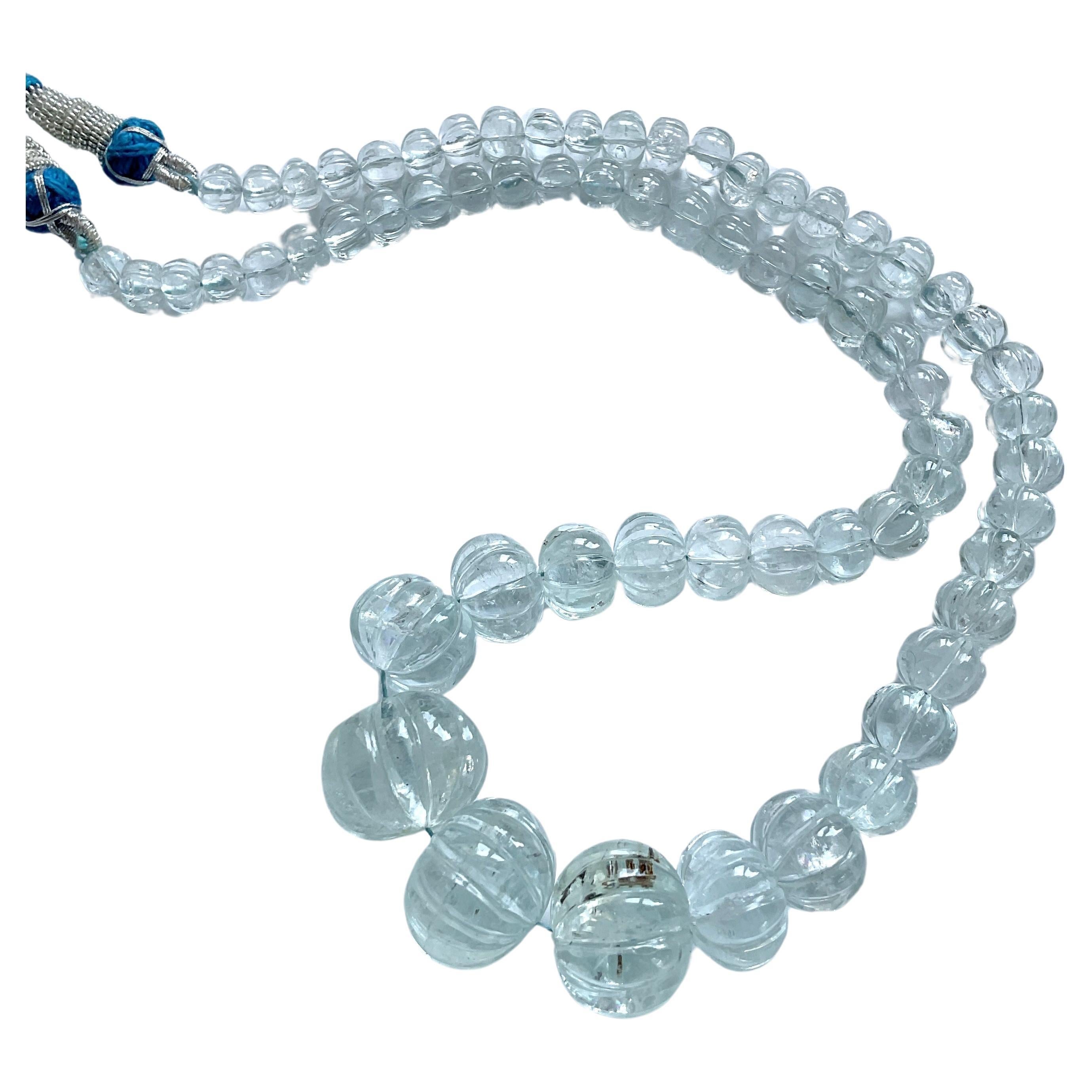 327.80 Carats Aquamarine Carved Melon Beads Necklace Natural Gemstone For Sale