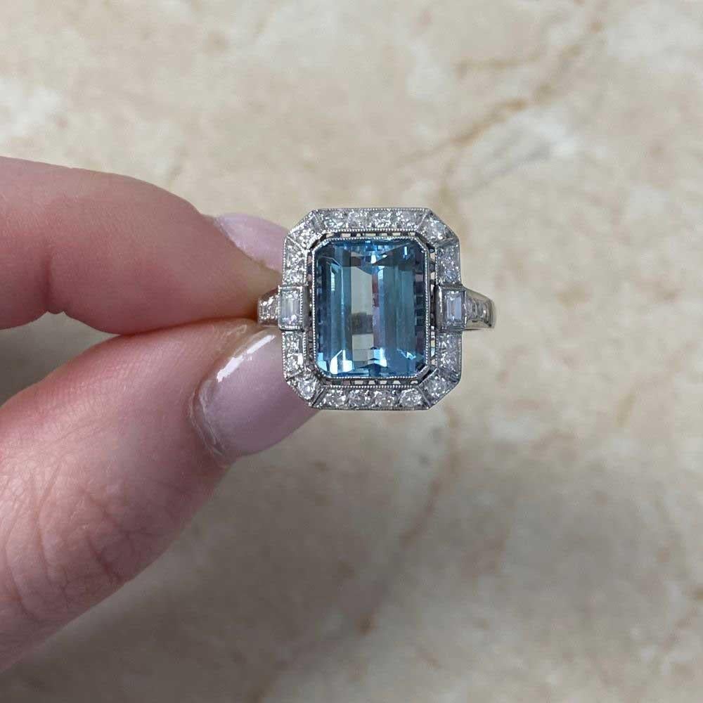 3.26 Karat Aquamarin im Smaragdschliff Verlobungsring, Diamant-Halo, Platin 6