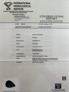 3.27ct IGI Certified Deep Green Blue Thai Sapphire Pear Cut Yellow Gold Pendant