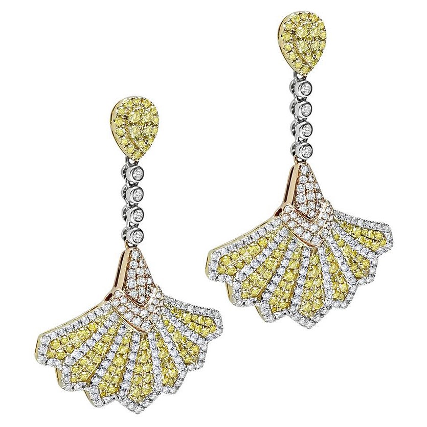 3.27ct Multi Color Diamond 14k White Yellow and Rose Gold Drop Earrings For Sale