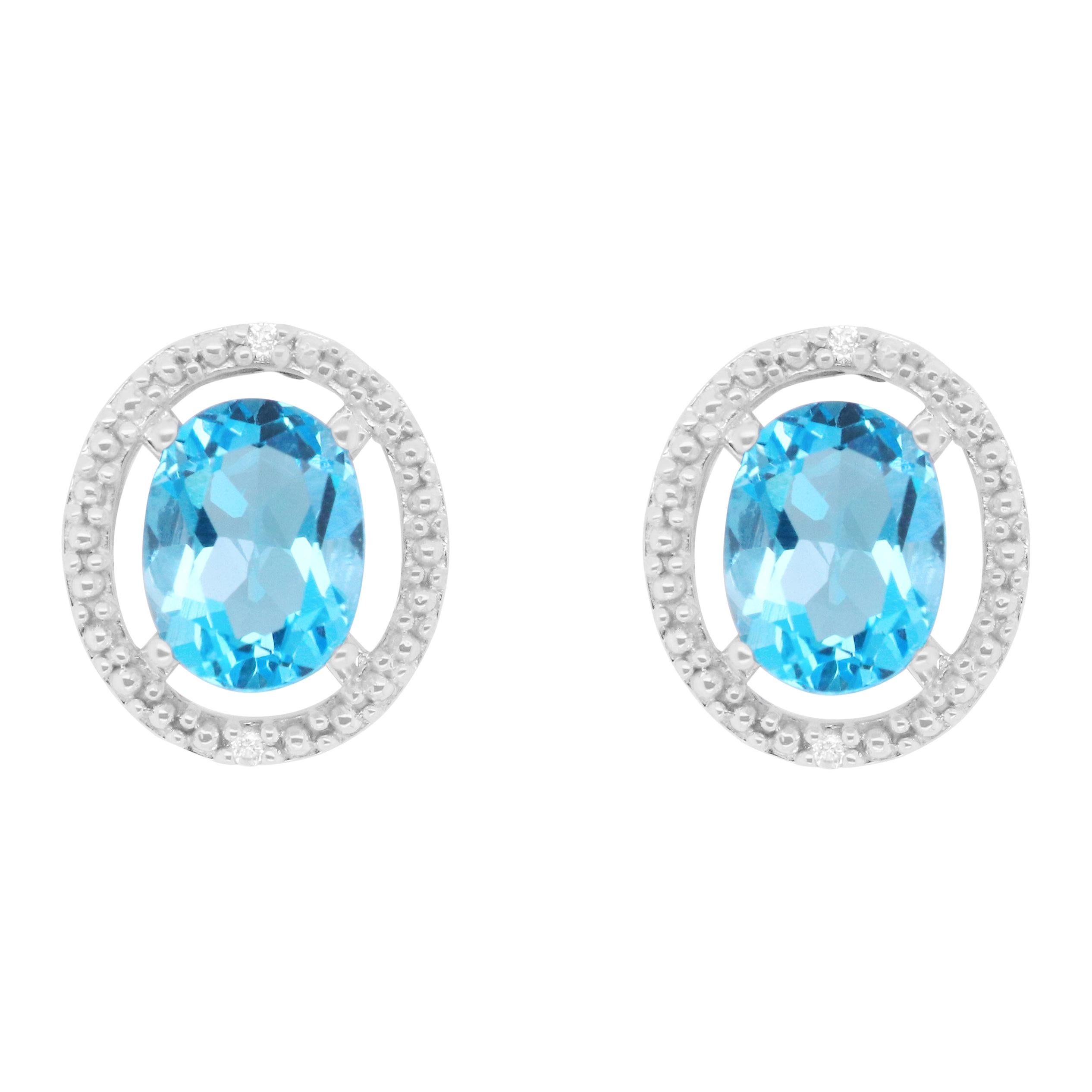 3.28 Ct Oval Blue Topaz and Open White Round Diamond Halo Stud Earrings 14K Gold