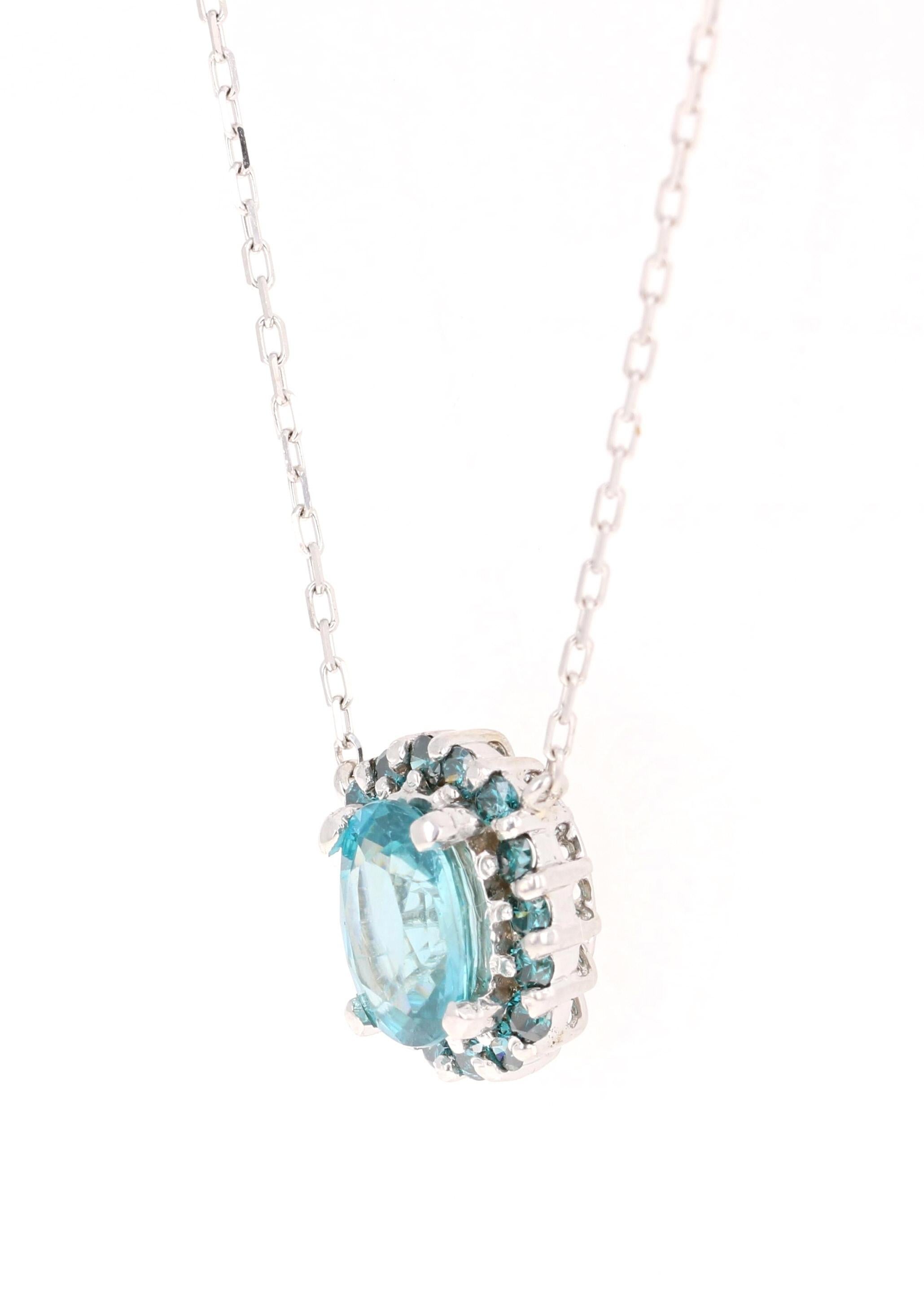 Modern 3.28 Carat Blue Zircon Blue Diamond Chain Necklace 14 Karat White Gold