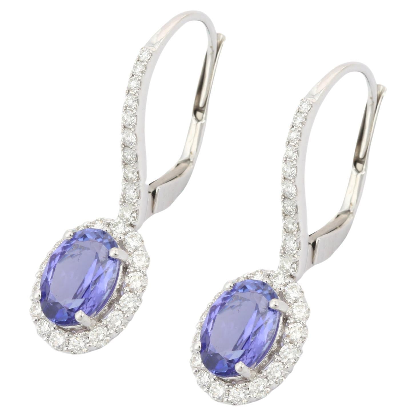 3.28 Carat Dangle Tanzanite and Diamond Earrings in 18k White Gold For Sale