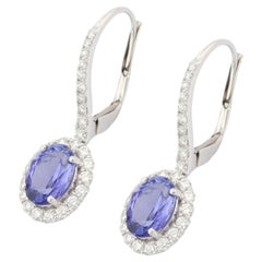 Pendants d'oreilles en or blanc 18 carats avec tanzanite et diamants de 3,28 carats