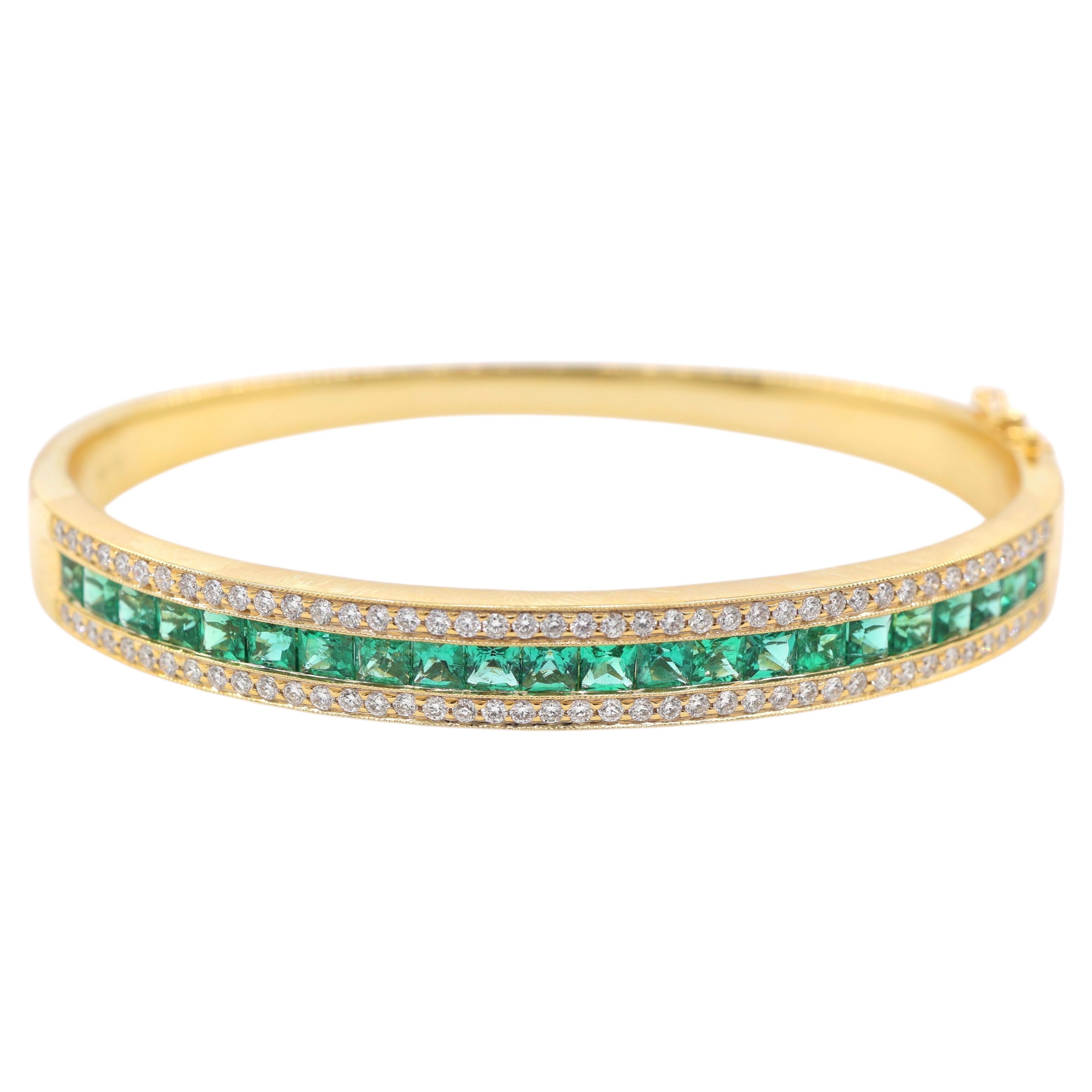 3.28 Carat Emerald and Diamond Channel Set Bangle Bracelet in 18K Yellow Gold