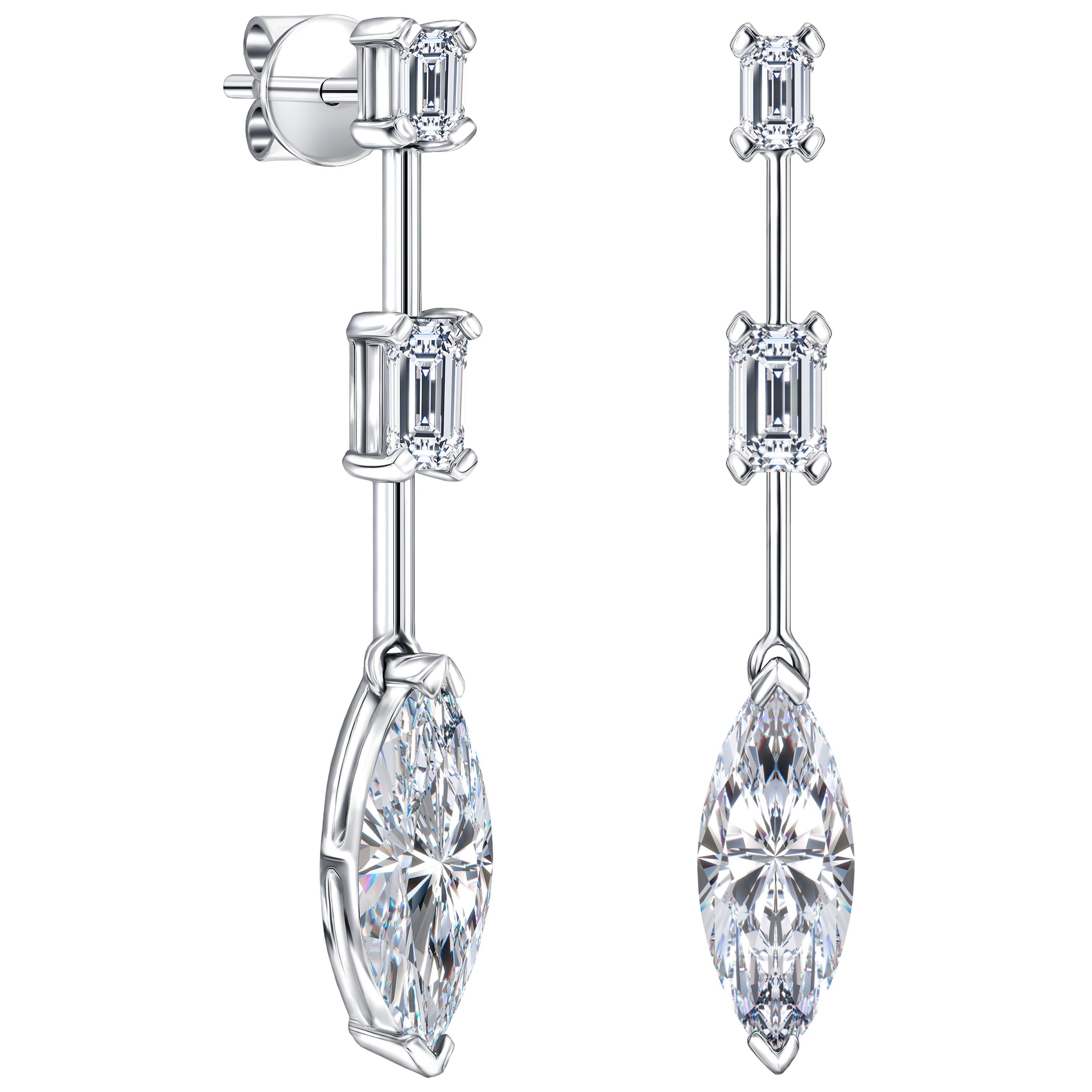 3.28 Carat Marquise Emerald 18 Karat White Gold Diamond Drop Earrings