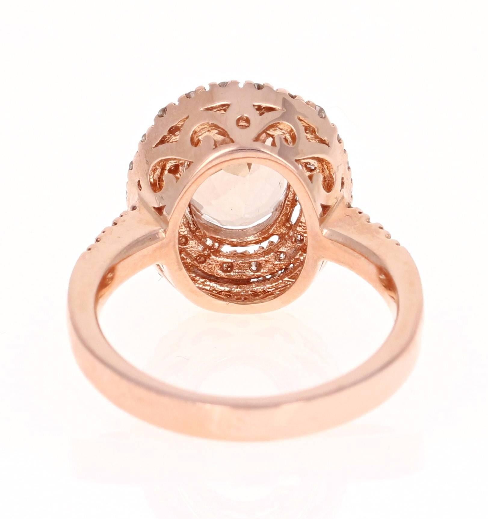 Modern 3.28 Carat Morganite Diamond Double Halo 14 Karat Rose Gold Ring For Sale