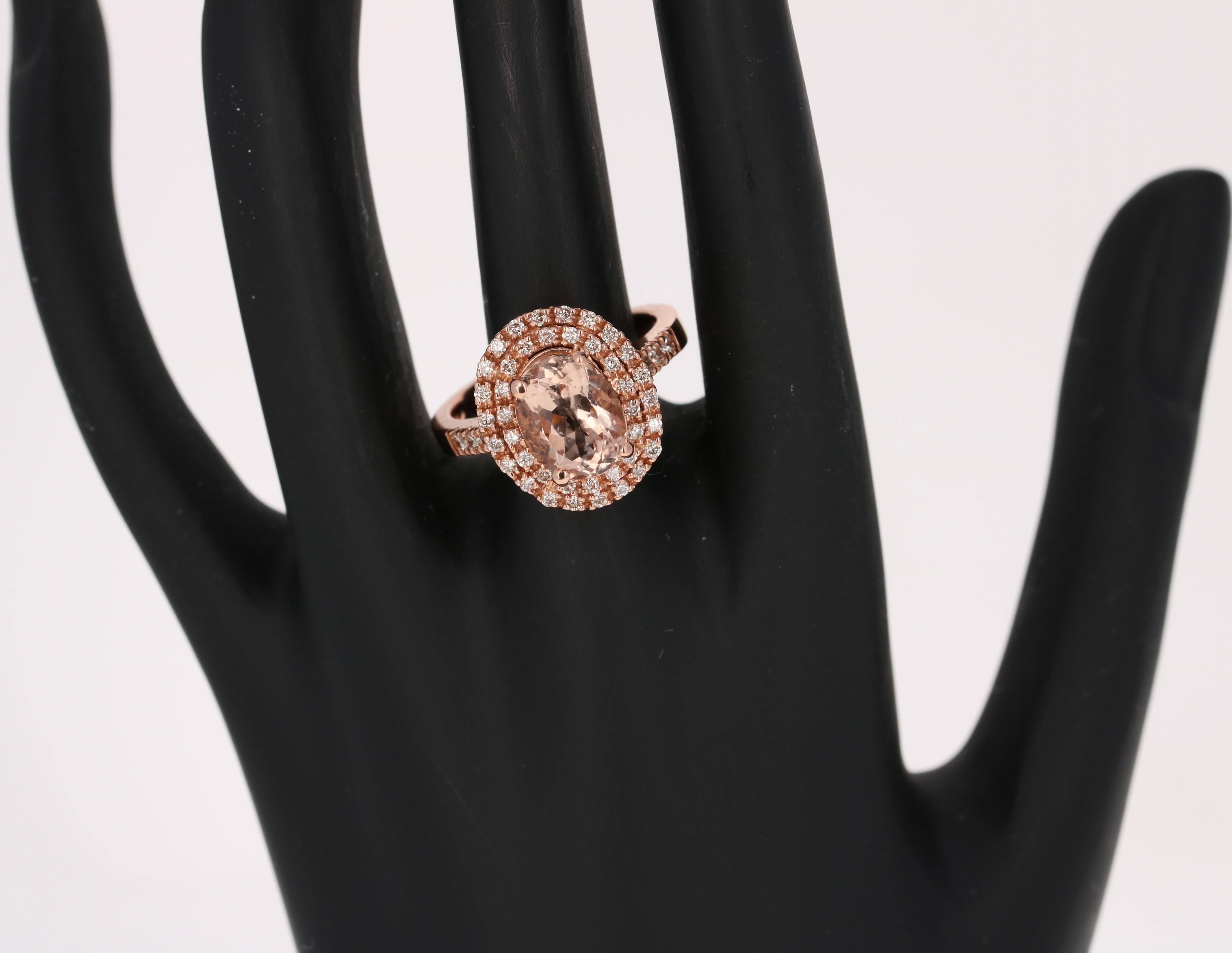 Oval Cut 3.28 Carat Morganite Diamond Double Halo 14 Karat Rose Gold Ring For Sale
