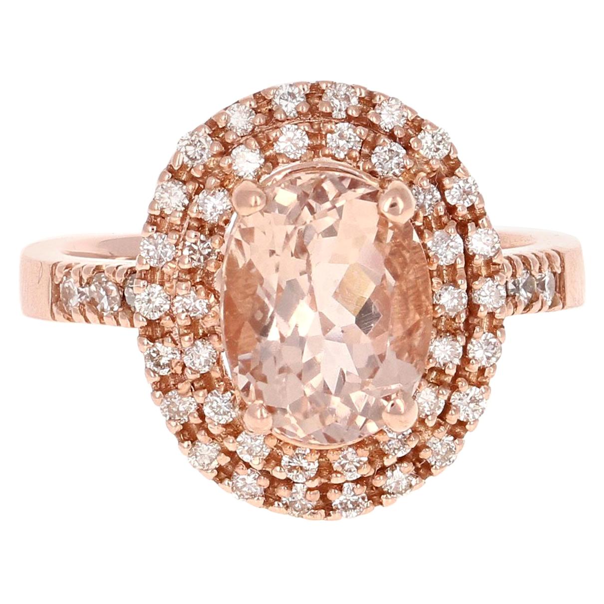 3.28 Carat Morganite Diamond Double Halo 14 Karat Rose Gold Ring For Sale