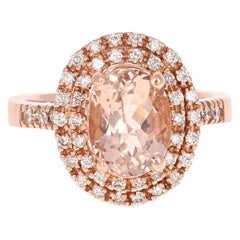 Bague en or rose 14 carats avec double halo de diamants et morganite de 3,28 carats