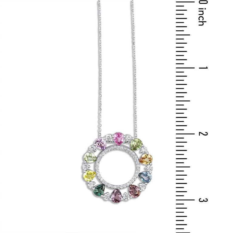 3.28 Carat Multicolor Pear Sapphire and Diamond Pendant in 18k White Gold In New Condition For Sale In New York, NY