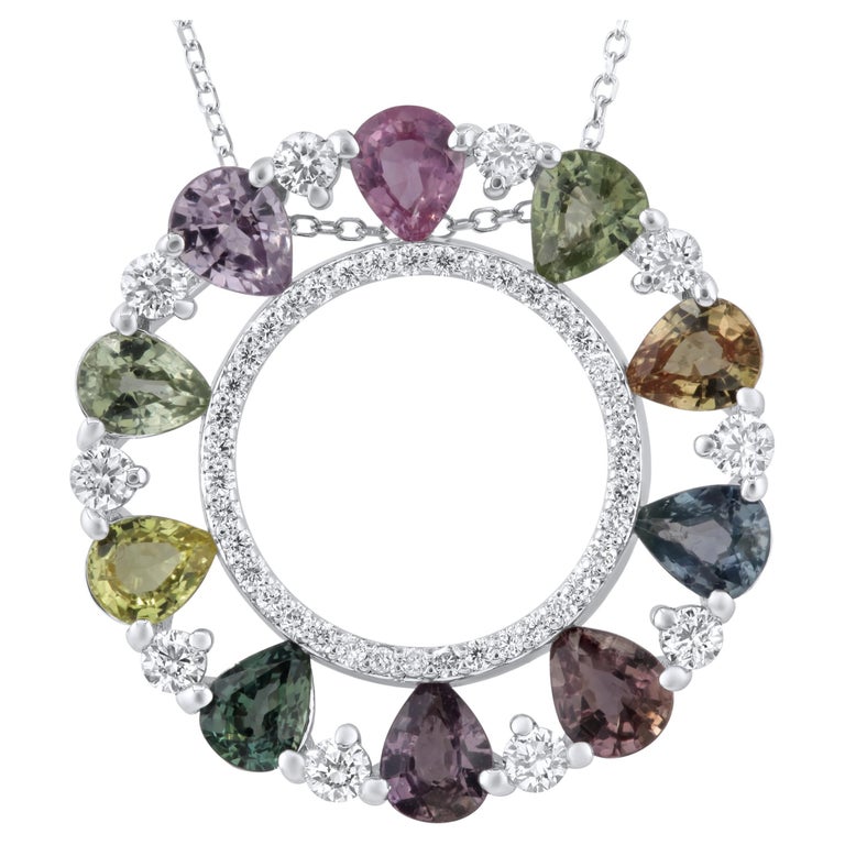3.28 Carat Multicolor Pear Sapphire and Diamond Pendant in 18k White Gold For Sale