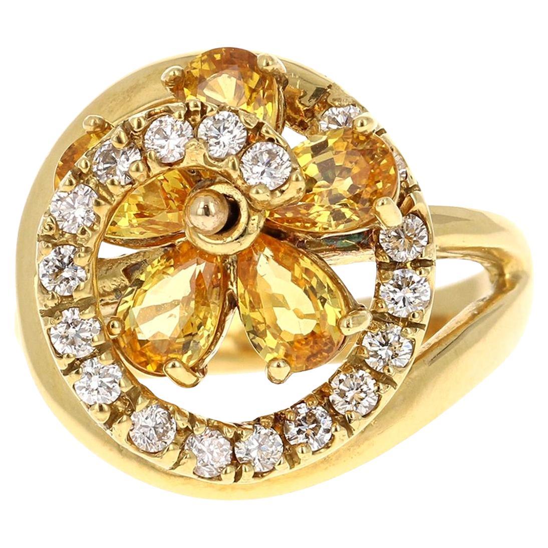 3.28 Carat Natural Yellow Sapphire Diamond 18 Karat Yellow Gold Cocktail Ring