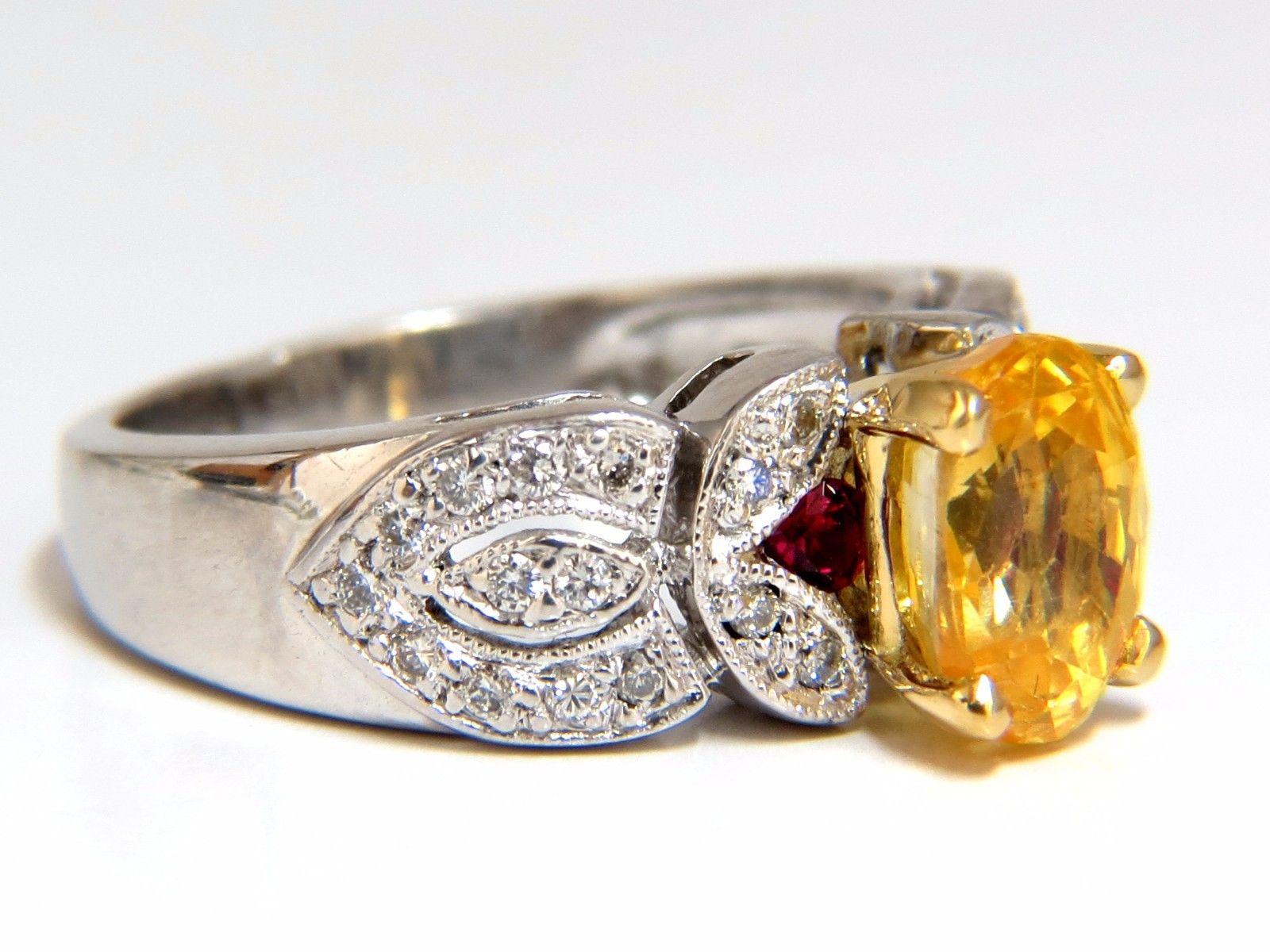 Yellow  Sapphire Classic

2.85ct. Natural Yellow sapphire ring.

Vivid  yellow color

Clean clarity.

oval, full cut

8.5 X 5.8mm

Transparent, Vibrant yellow color



.33ct. Side natural round diamonds: 

G-color, Vs-2 clarity.

Additional .10ct.
