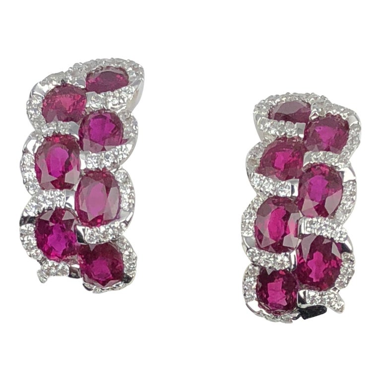 3.28 Carat Oval Cut Ruby Lever-back Earrings in White Diamond Halo 1