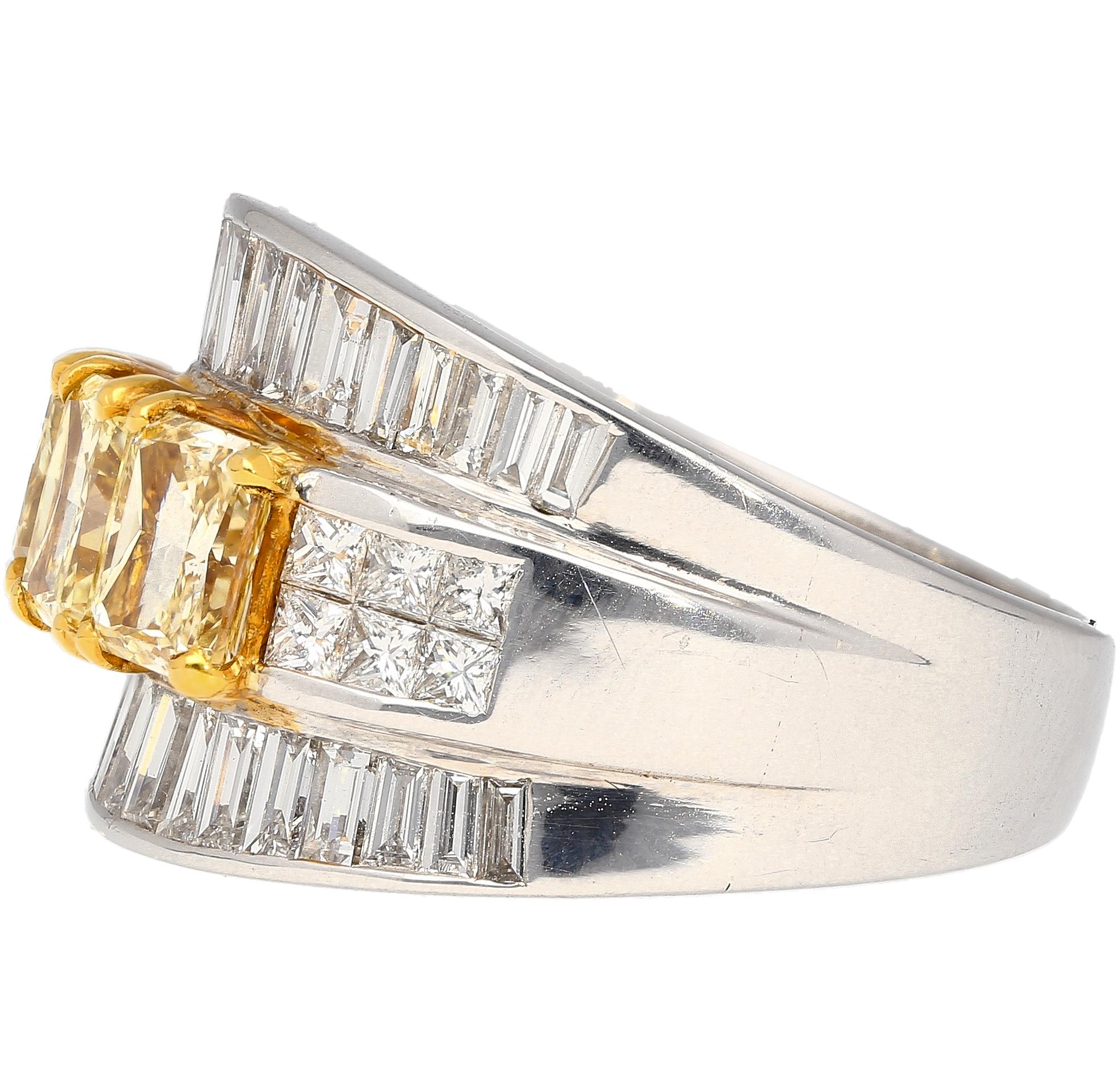 3.28 Carat Radiant Cut Fancy Yellow Diamond 3-Stone Ring in 18k White Gold In New Condition For Sale In Miami, FL
