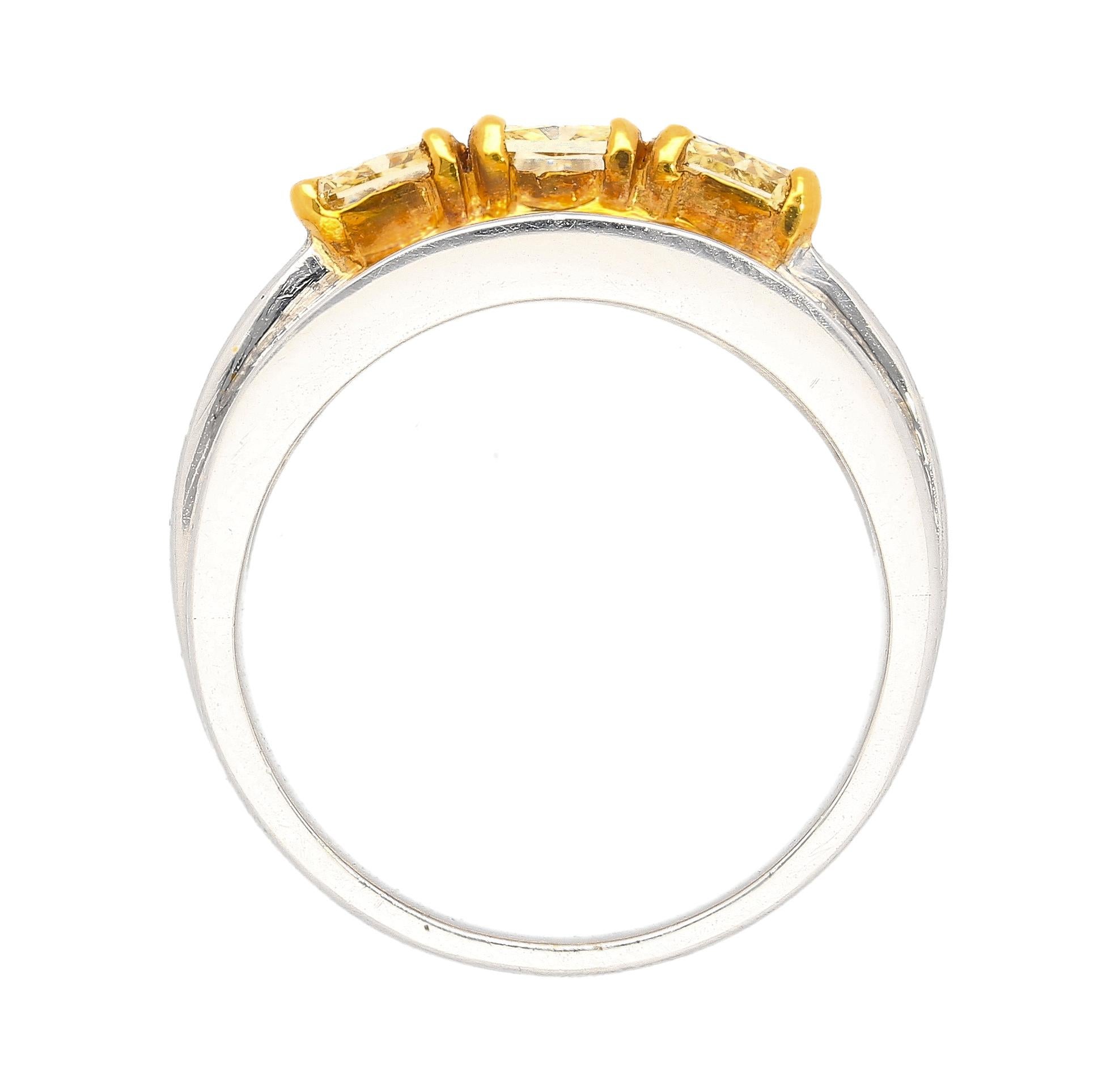 Women's 3.28 Carat Radiant Cut Fancy Yellow Diamond 3-Stone Ring in 18k White Gold For Sale