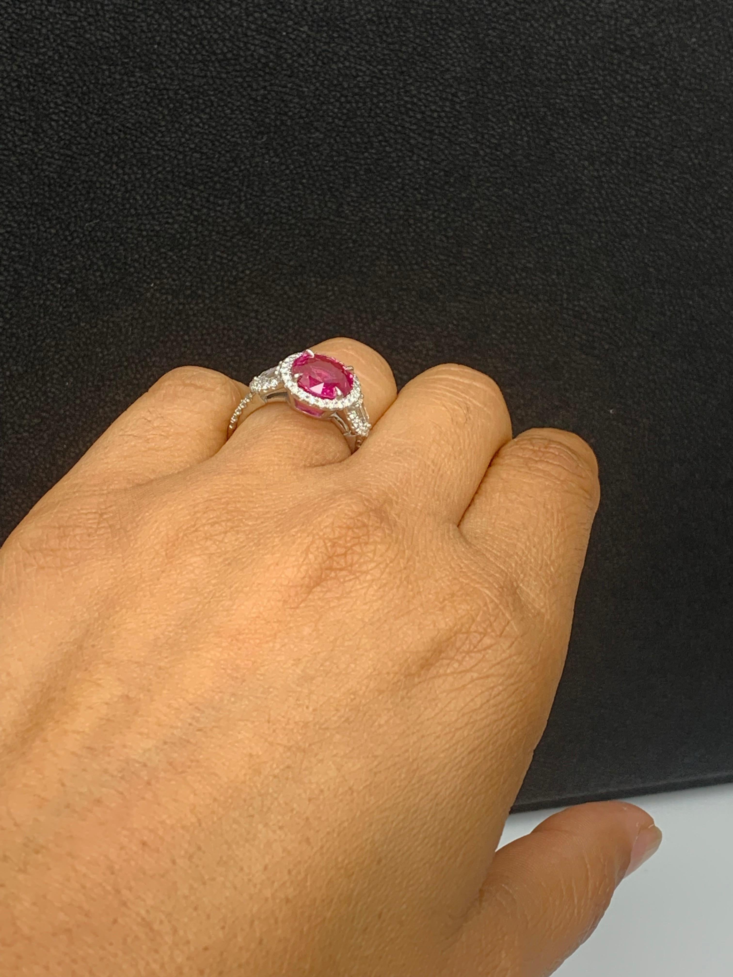 3.28 Carat Round Cut Ruby and Diamond 3 Stone Halo Ring in Platinum For Sale 5