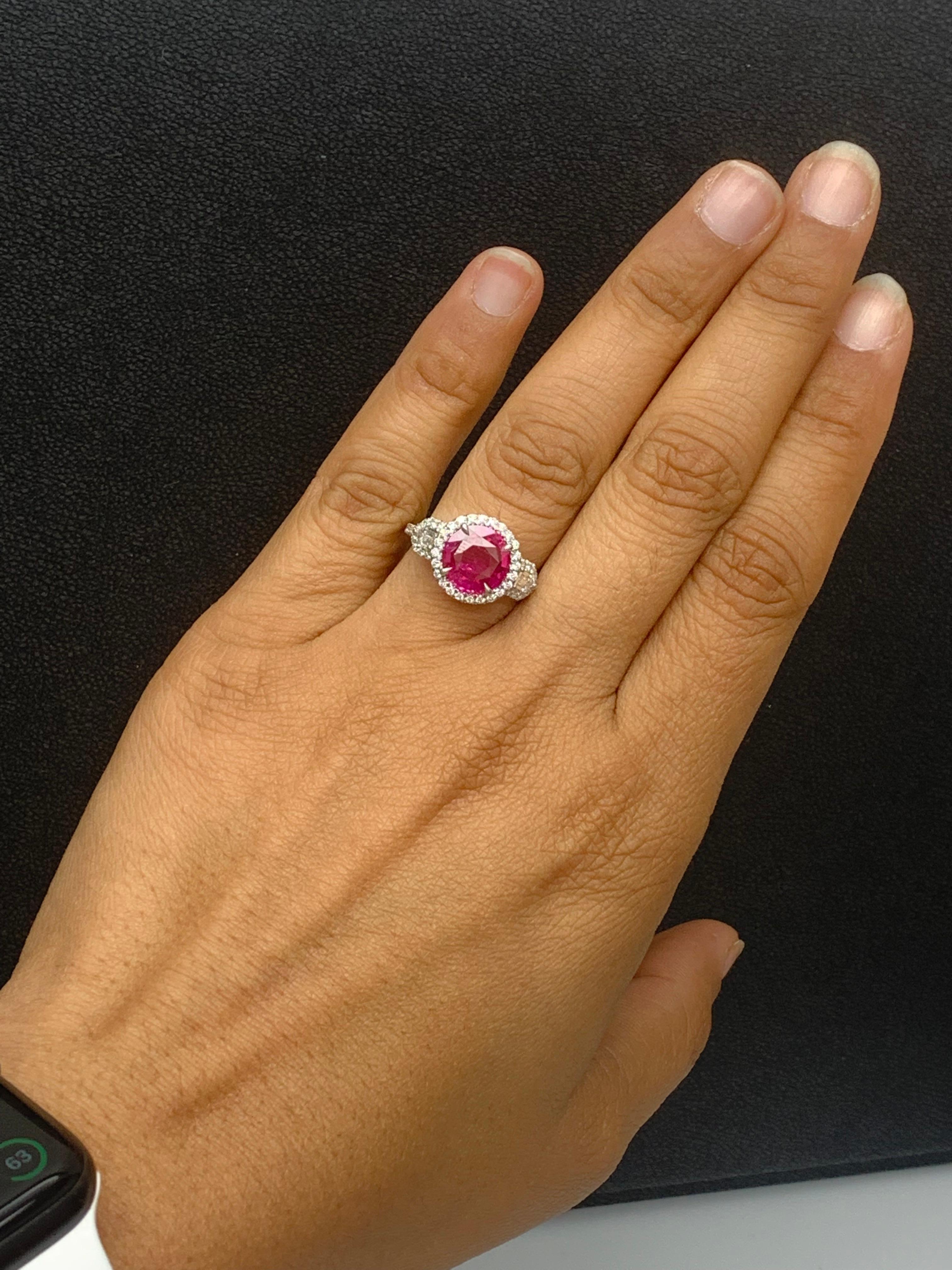 3.28 Carat Round Cut Ruby and Diamond 3 Stone Halo Ring in Platinum For Sale 6