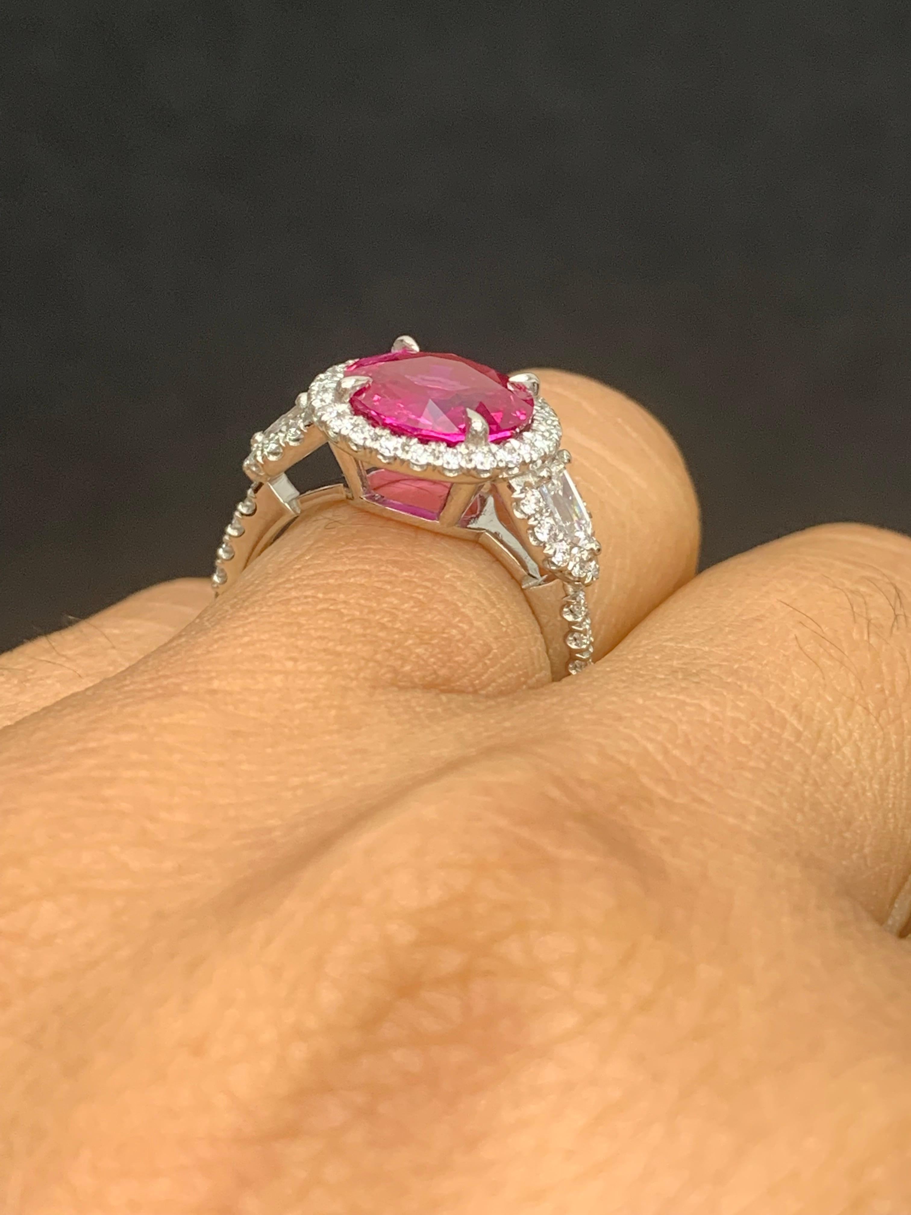 3.28 Carat Round Cut Ruby and Diamond 3 Stone Halo Ring in Platinum For Sale 1