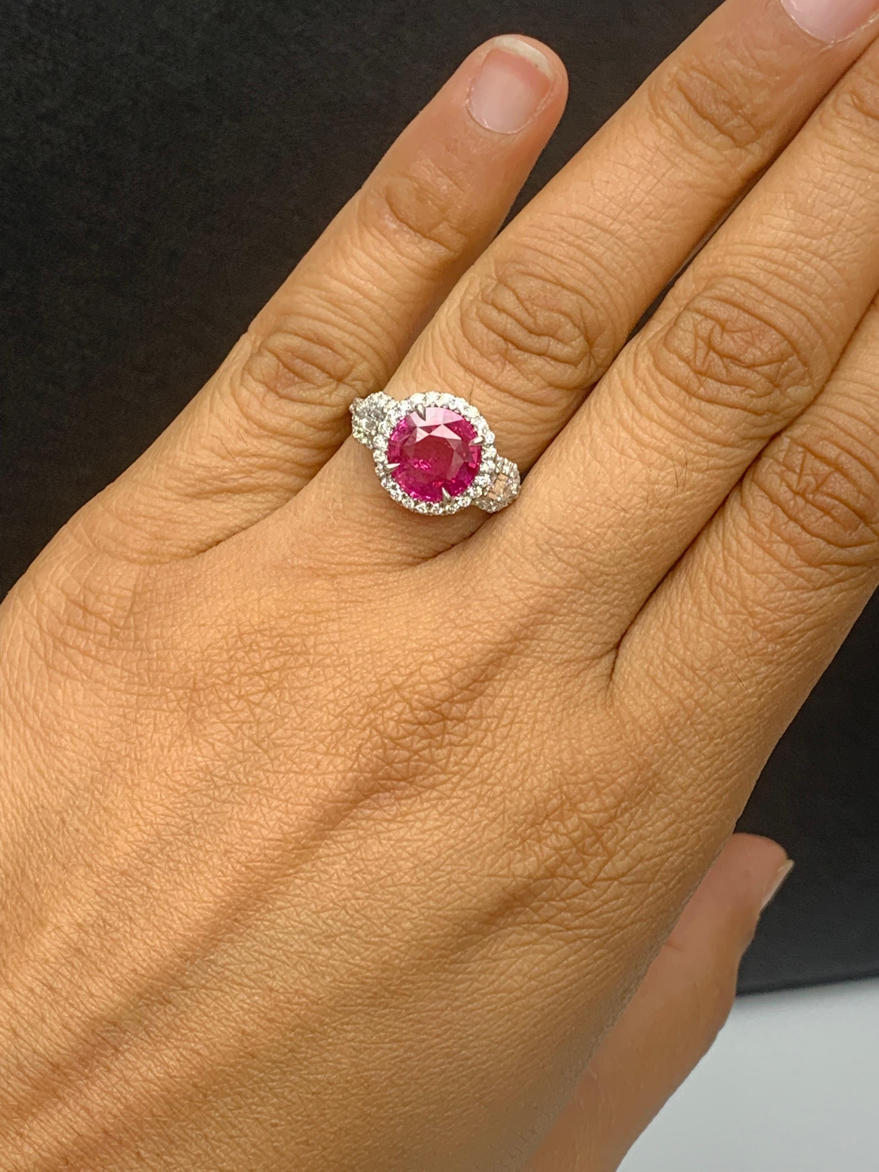 3.28 Carat Round Cut Ruby and Diamond 3 Stone Halo Ring in Platinum For Sale 2