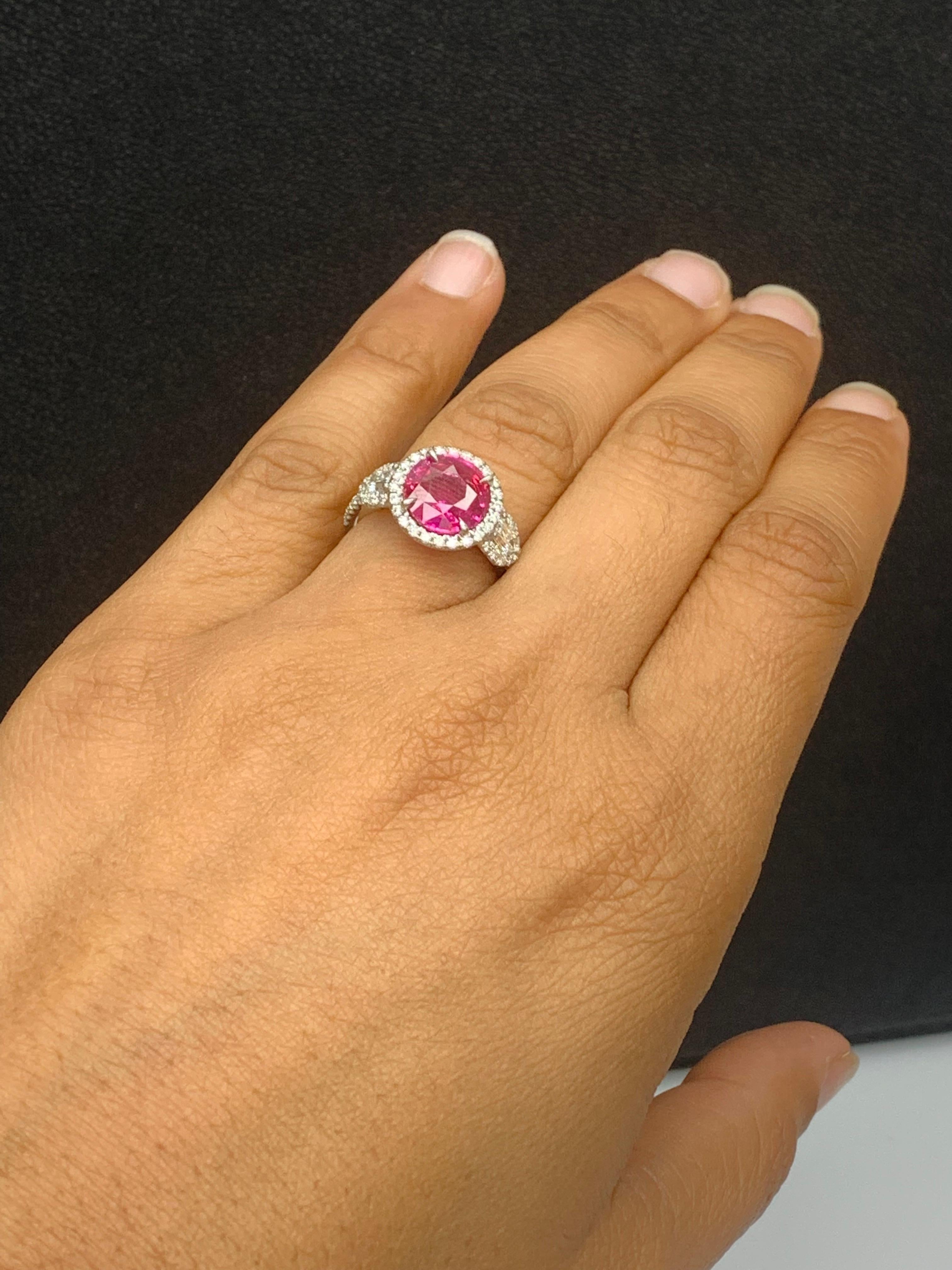 3.28 Carat Round Cut Ruby and Diamond 3 Stone Halo Ring in Platinum For Sale 3