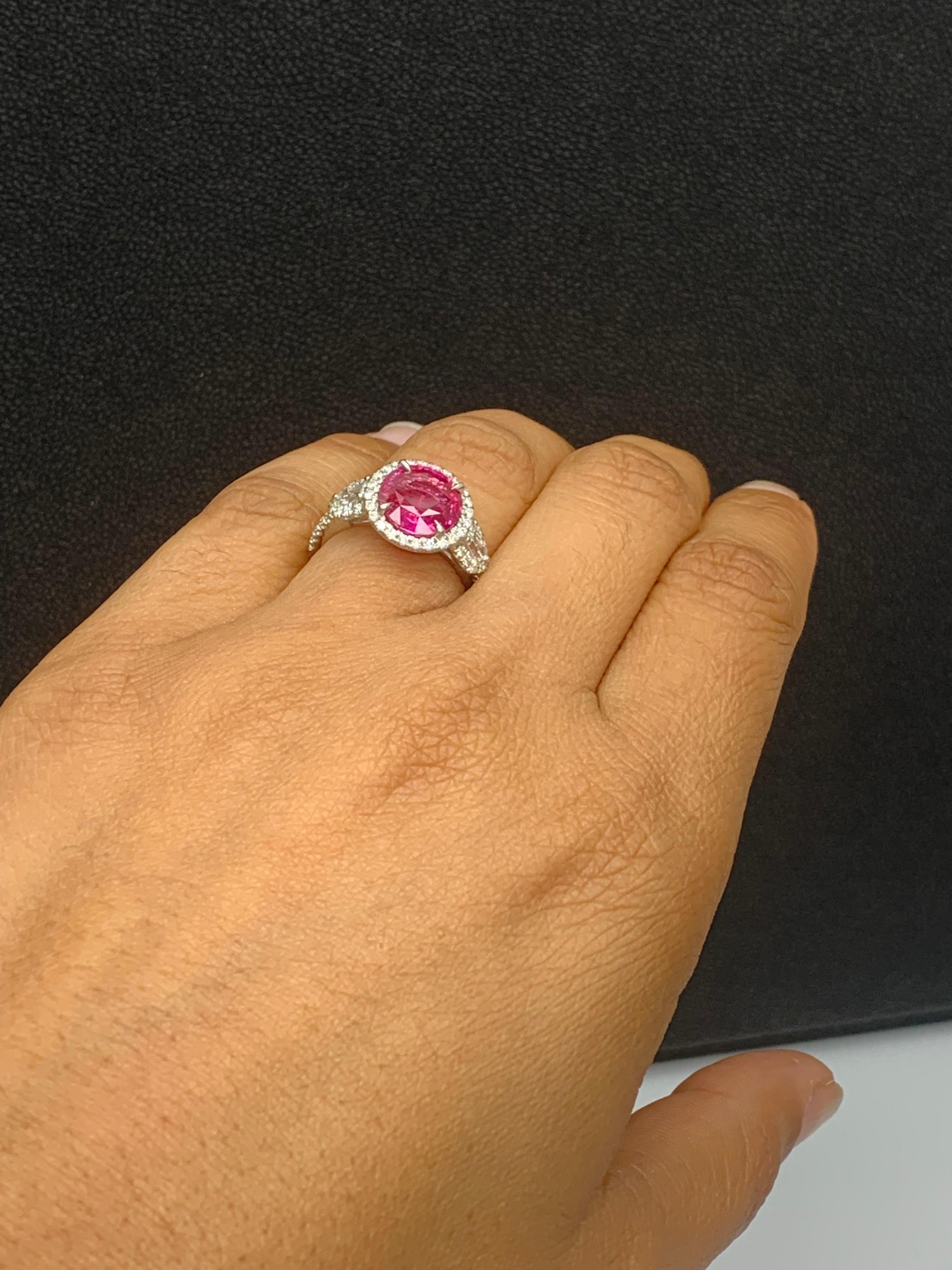 3.28 Carat Round Cut Ruby and Diamond 3 Stone Halo Ring in Platinum For Sale 4