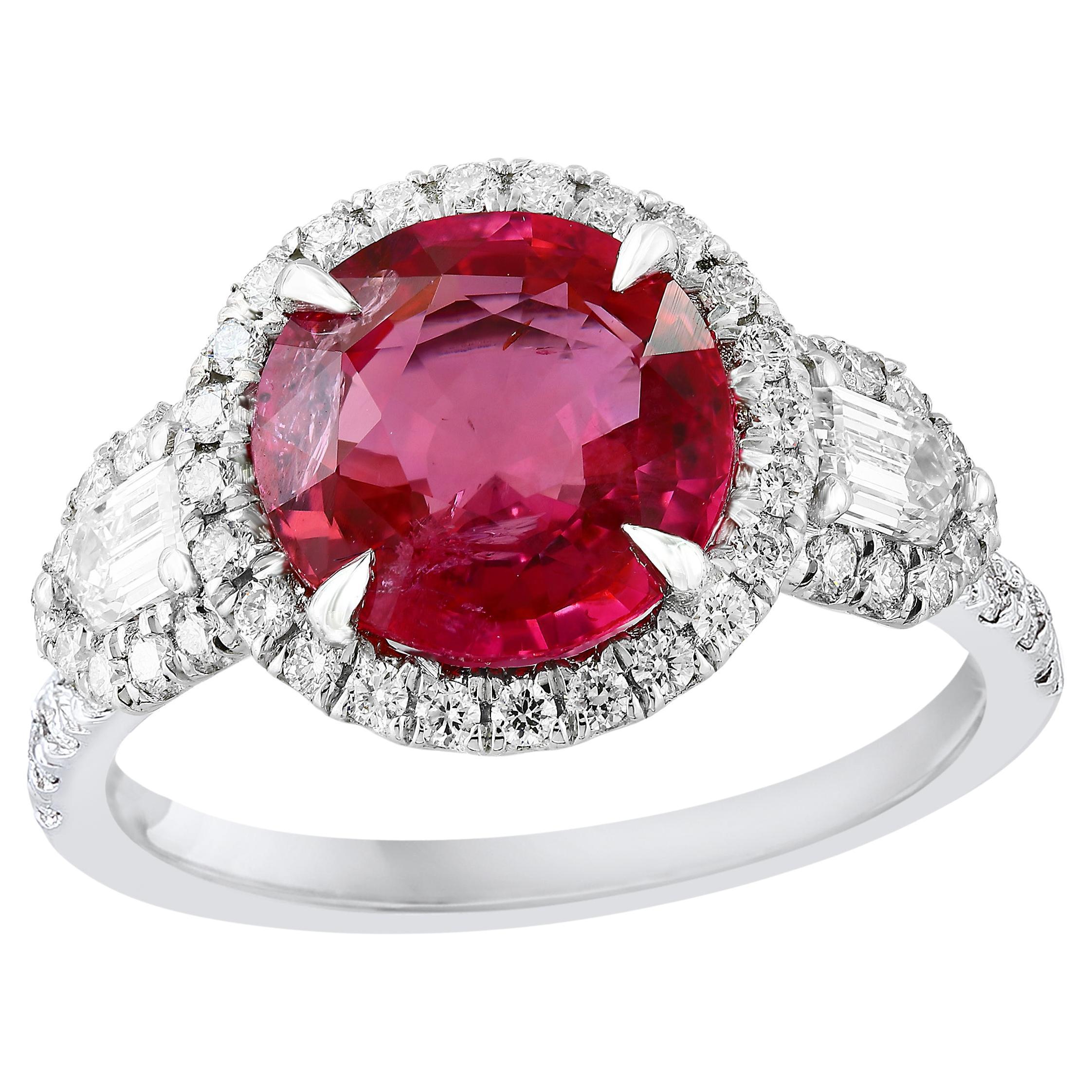 3.28 Carat Round Cut Ruby and Diamond 3 Stone Halo Ring in Platinum For Sale