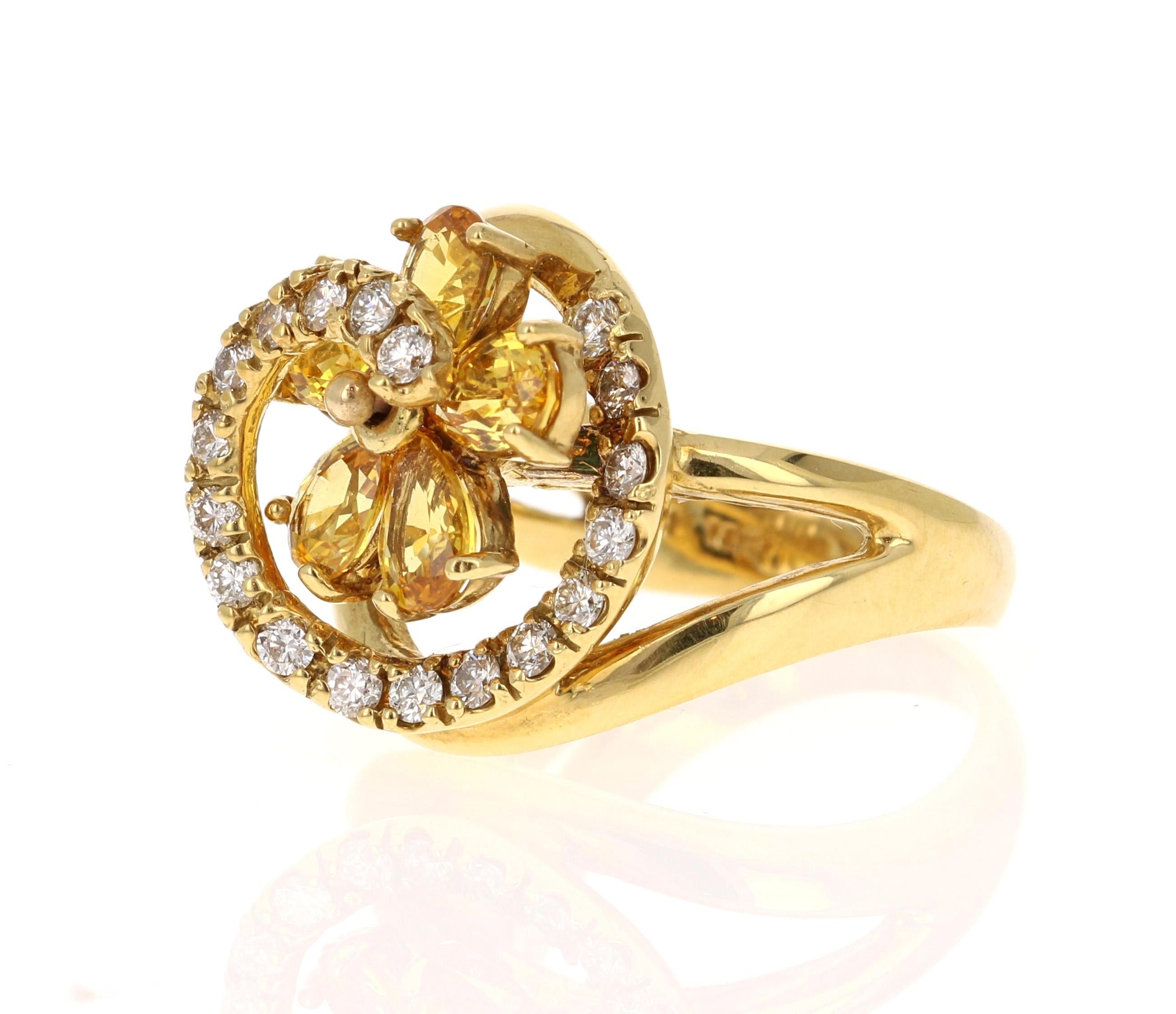 Contemporary 3.28 Carat Yellow Sapphire Diamond 18 Karat Yellow Gold Ring For Sale