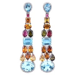 32.80cttw Multi-Gemstones with Diamonds 0.06cttw Dangle-Drop Silver Earrings
