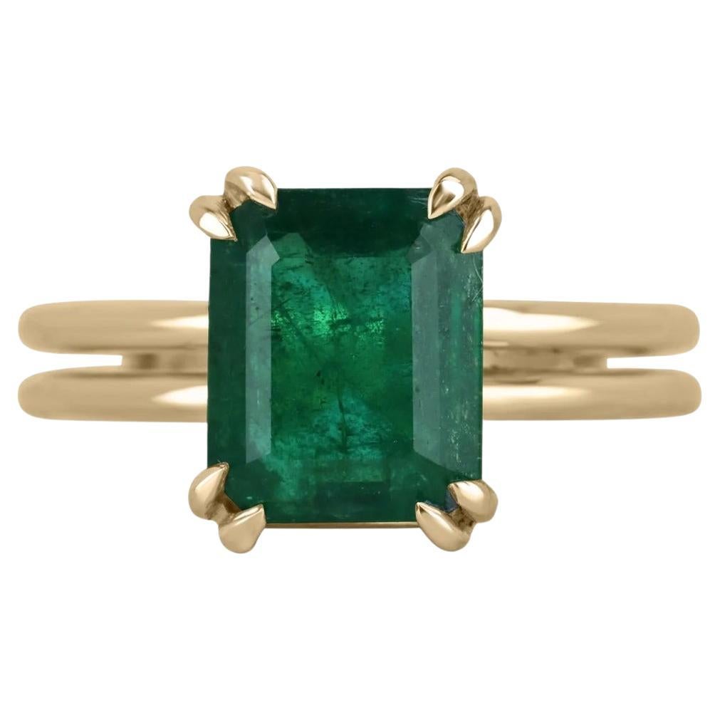 3.28ct 18K Deep Green Emerald Cut Emerald Double Claw Prong Solitaire Gold Ring For Sale