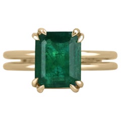 3.28ct 18K Deep Green Emerald Cut Emerald Double Claw Prong Solitaire Gold Ring