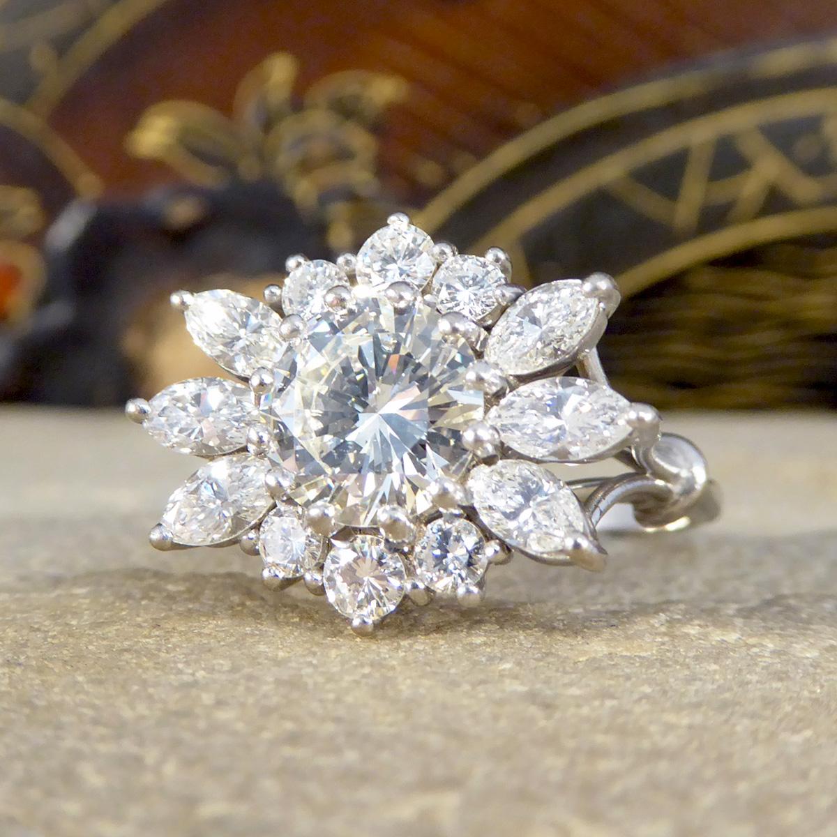 3.28ct Diamond Flower Burst Cluster Ring in 18ct White Gold In Good Condition For Sale In Yorkshire, West Yorkshire